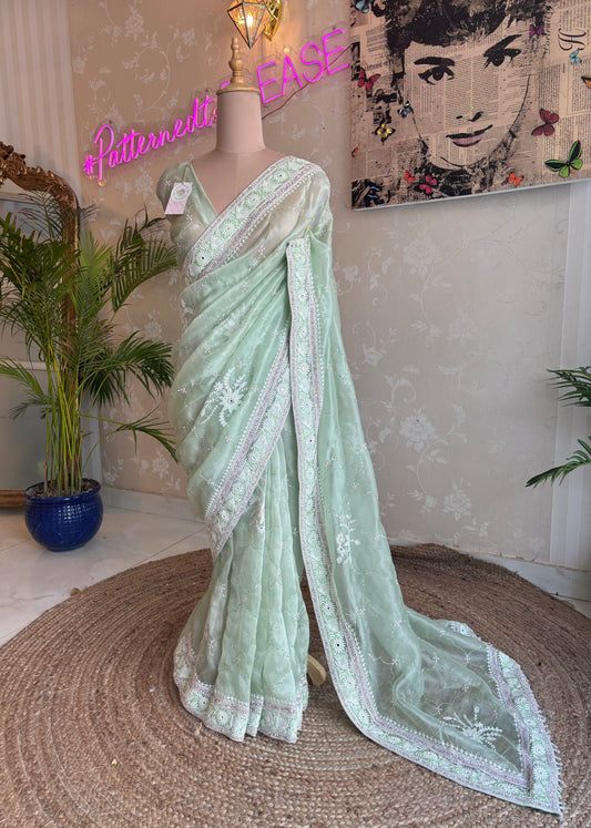 Seafoam Green Organza Silk Chikankari Saree