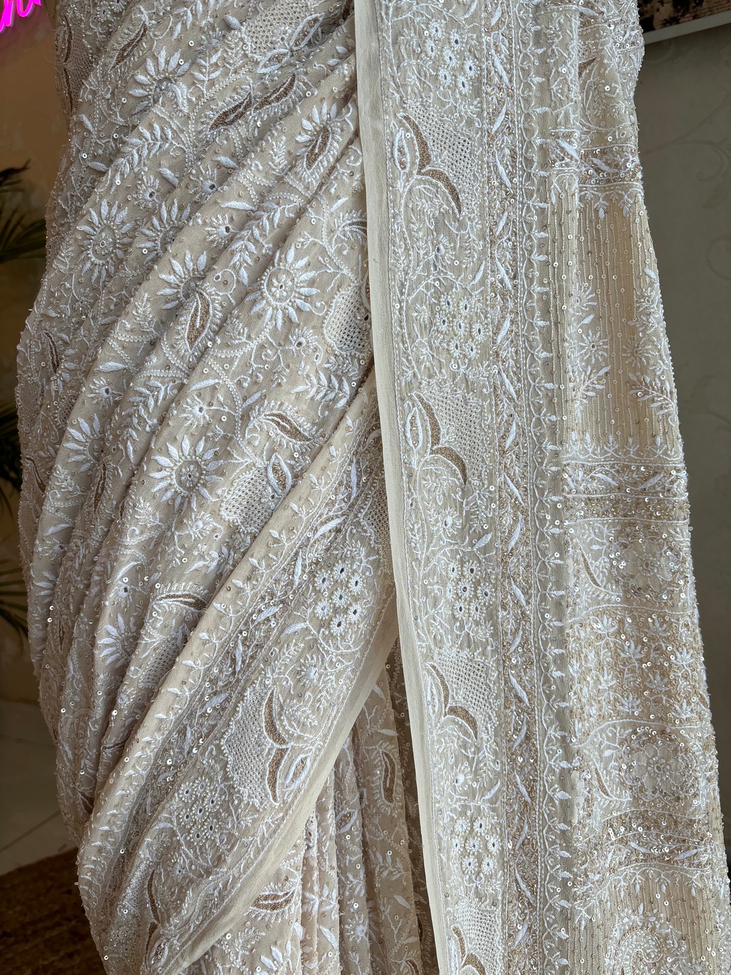 Golden Beige Pure Georgette Chikankari Saree