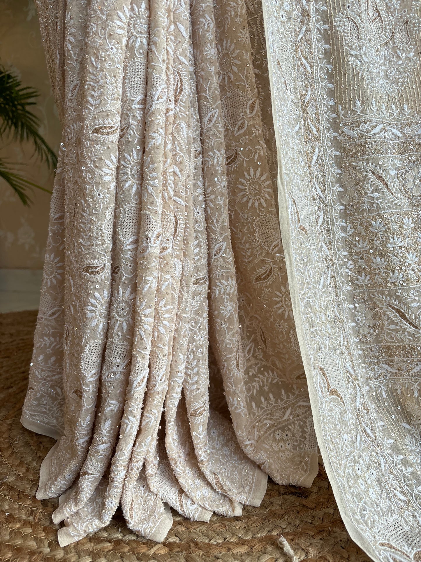 Golden Beige Pure Georgette Chikankari Saree