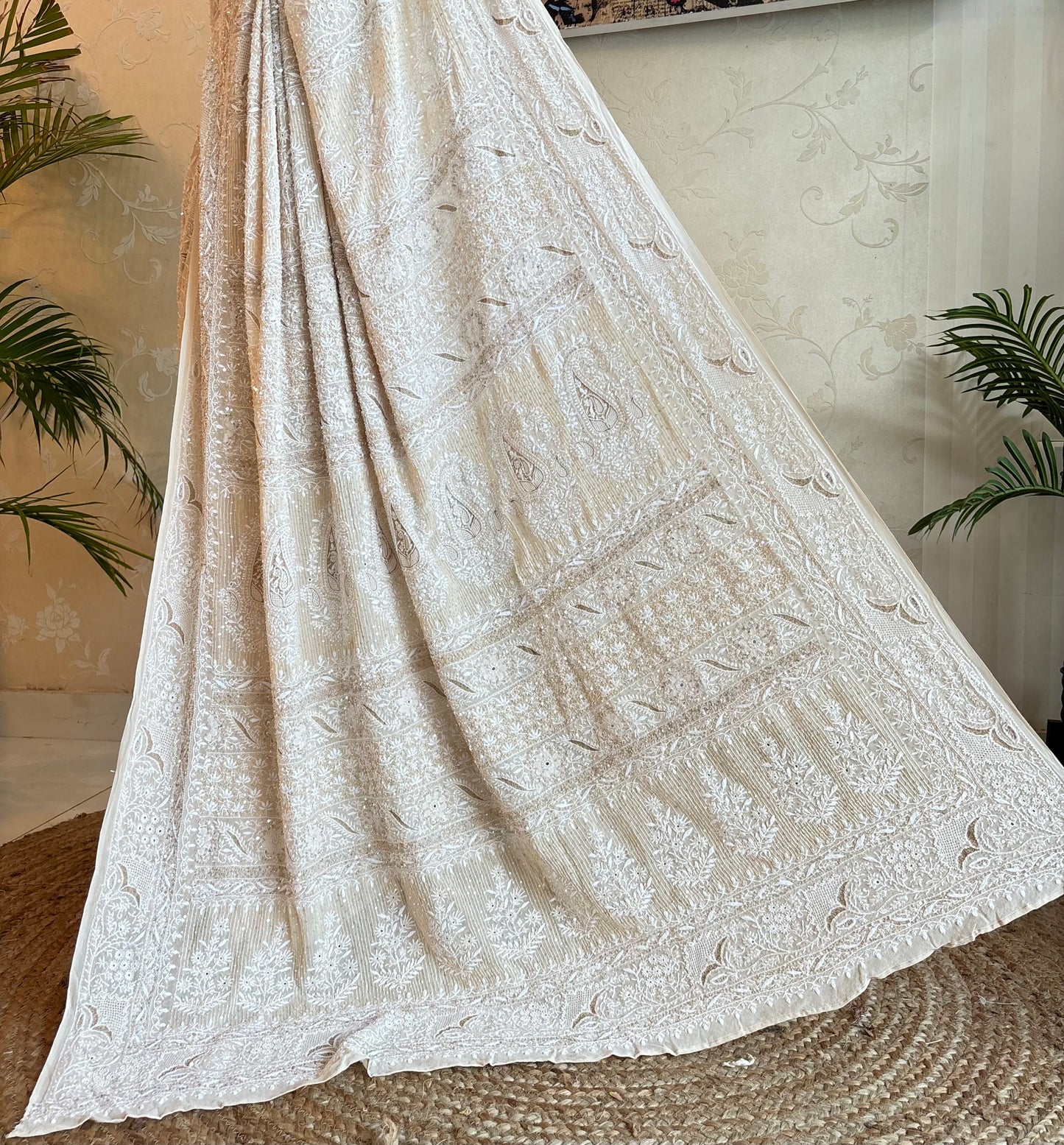 Golden Beige Pure Georgette Chikankari Saree