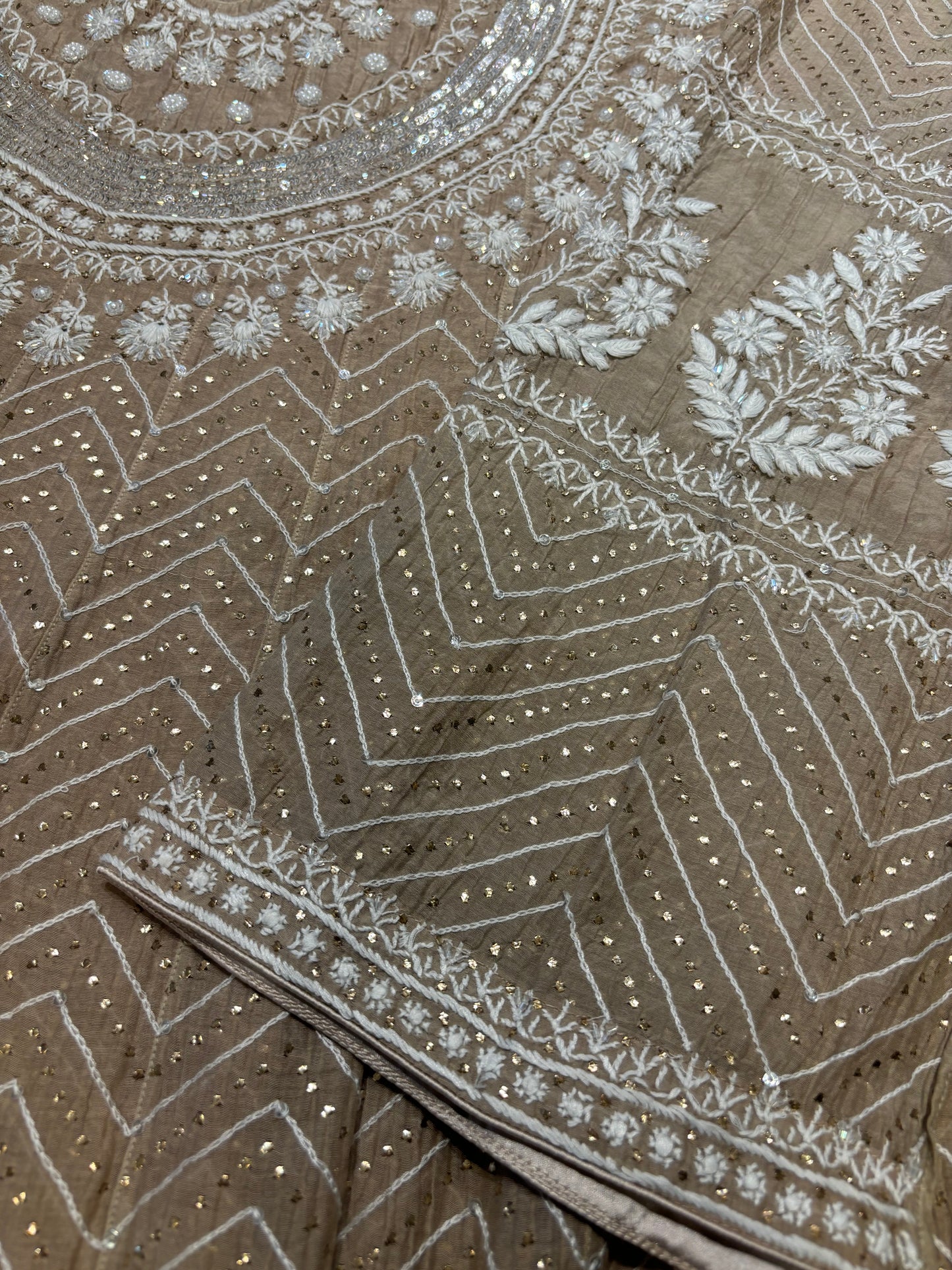 Latte Chanderi Mul Chikankari Anarkali and Dupatta