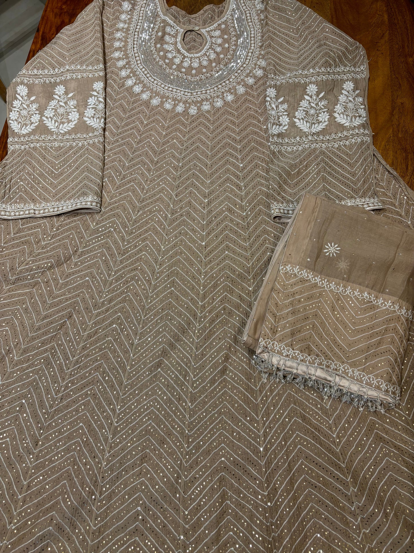 Latte Chanderi Mul Chikankari Anarkali and Dupatta