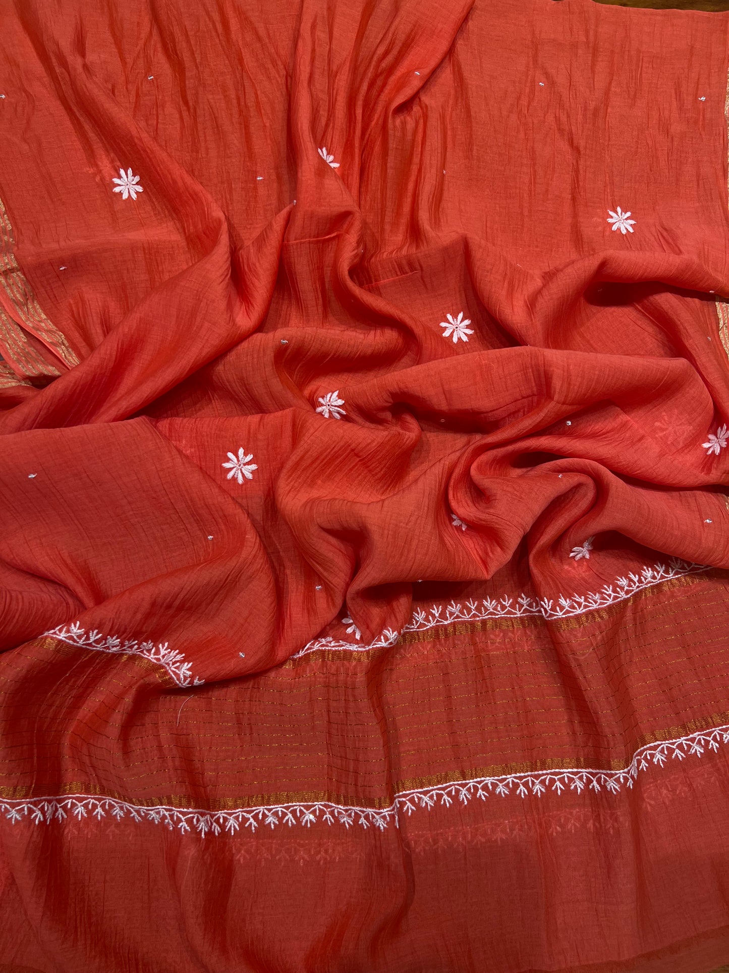 Syracuse Orange Chanderi Mul Chikankari Kurta and Dupatta