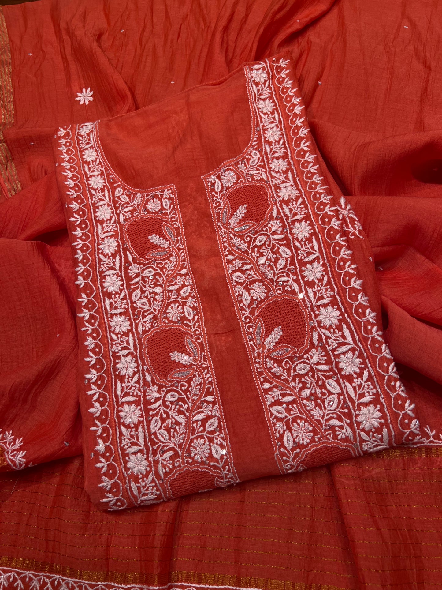 Syracuse Orange Chanderi Mul Chikankari Kurta and Dupatta