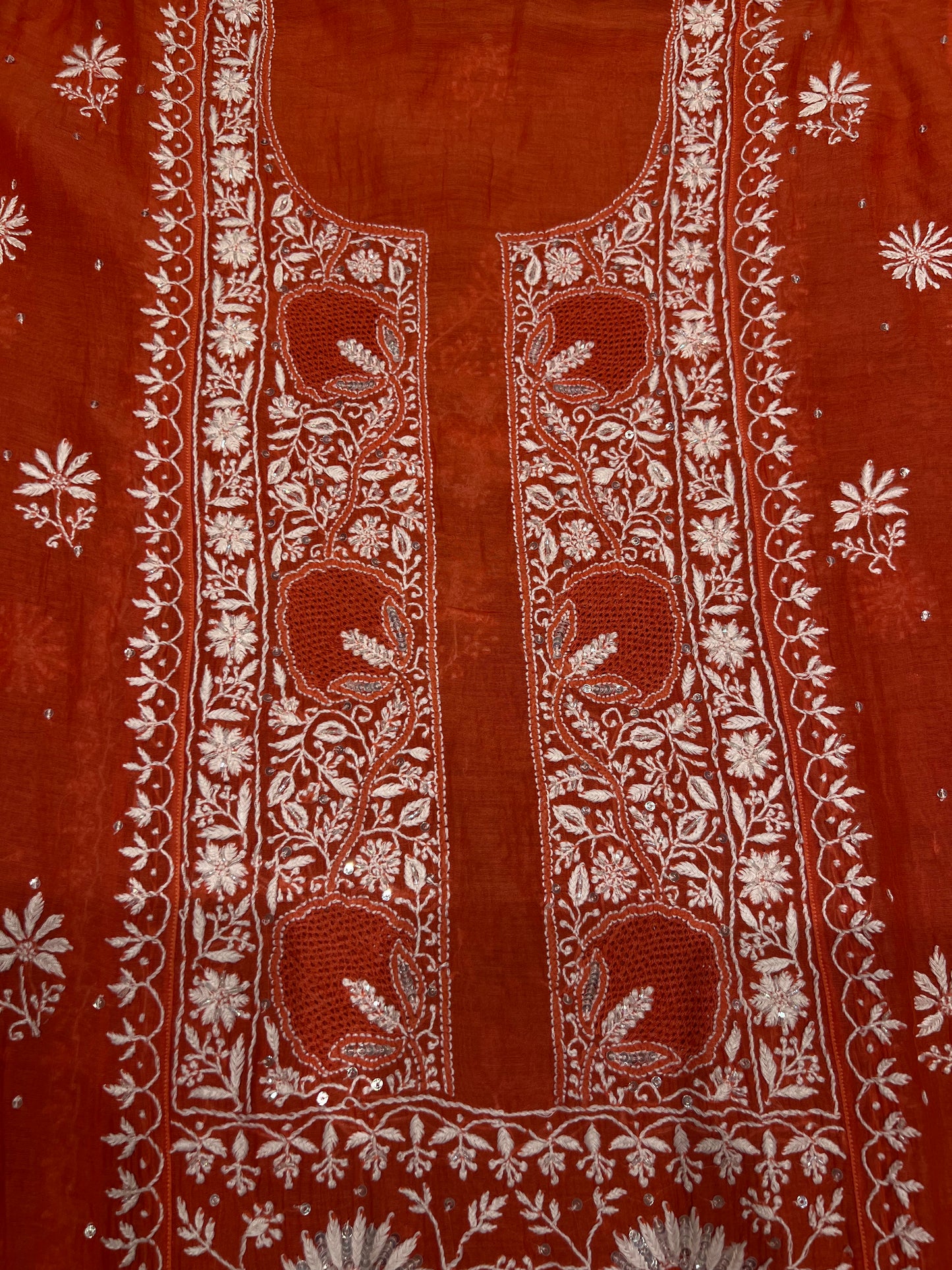 Syracuse Orange Chanderi Mul Chikankari Kurta and Dupatta