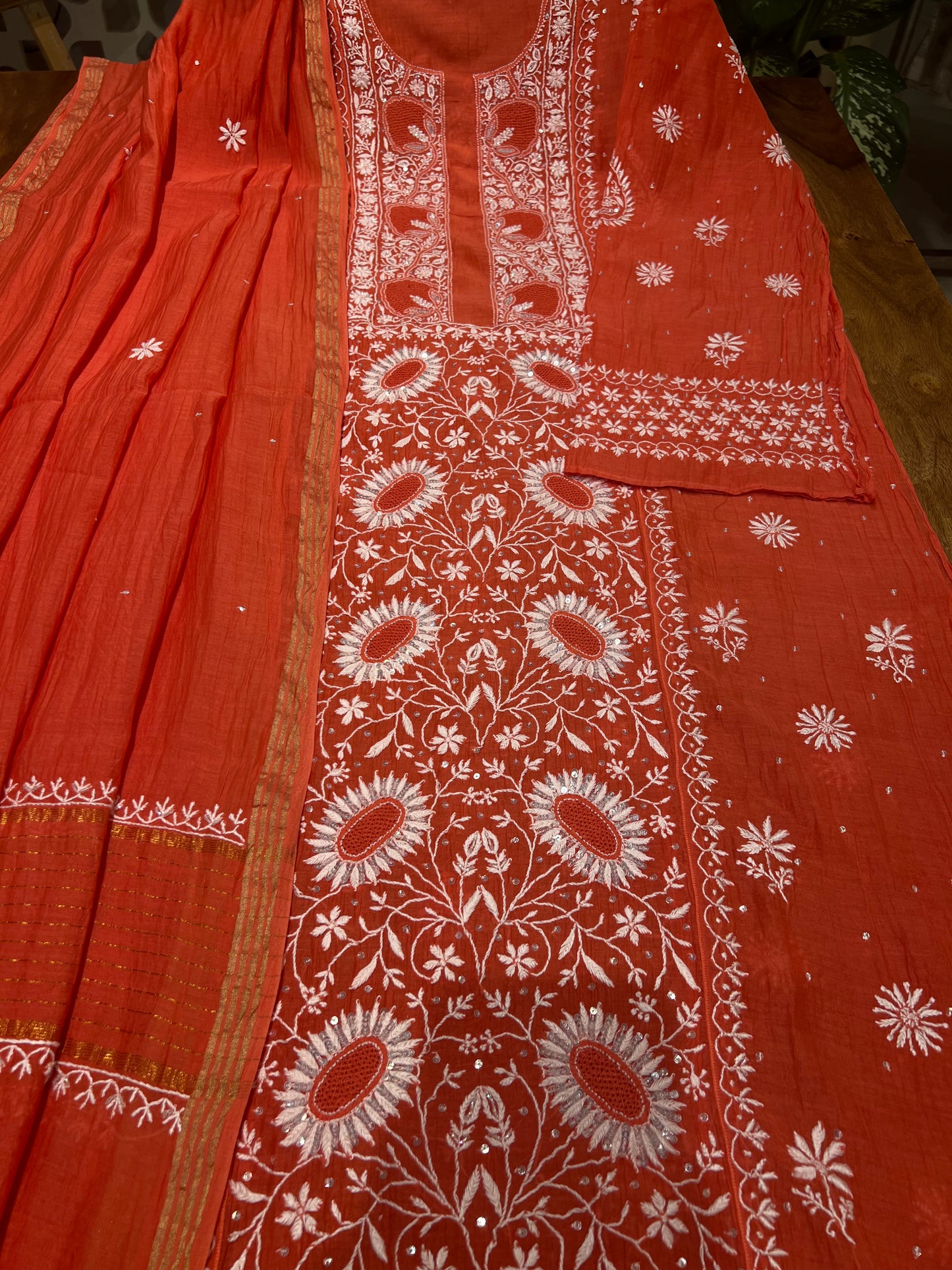 Syracuse Orange Chanderi Mul Chikankari Kurta and Dupatta