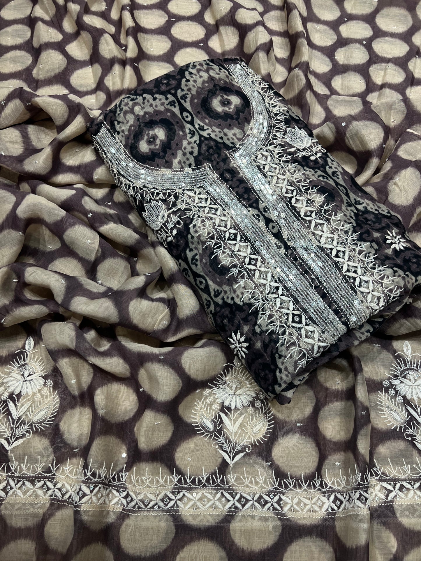 Black Chanderi Mul Chikankari, Printed Kurta and Dupatta Fabric