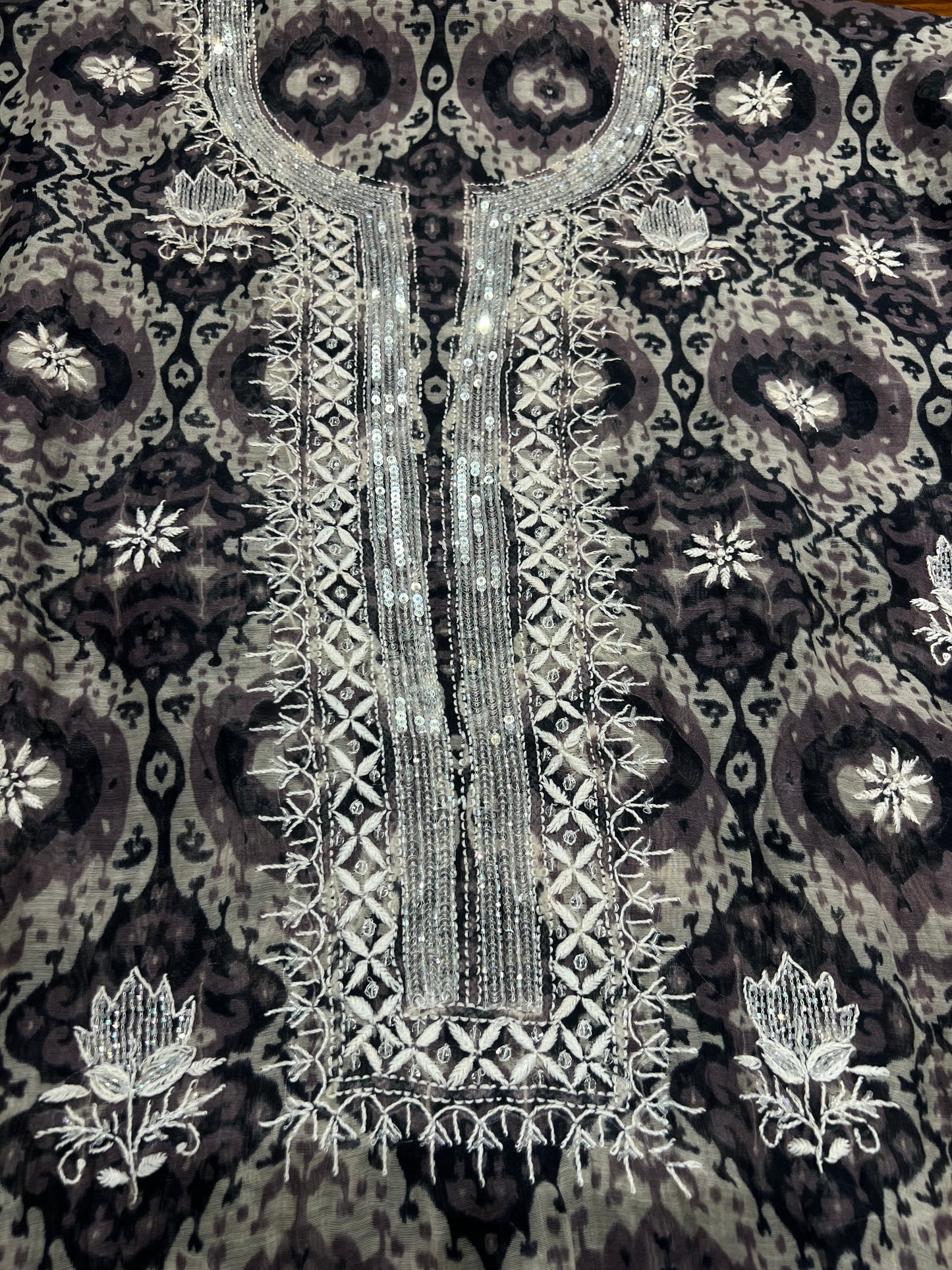 Black Chanderi Mul Chikankari, Printed Kurta and Dupatta Fabric