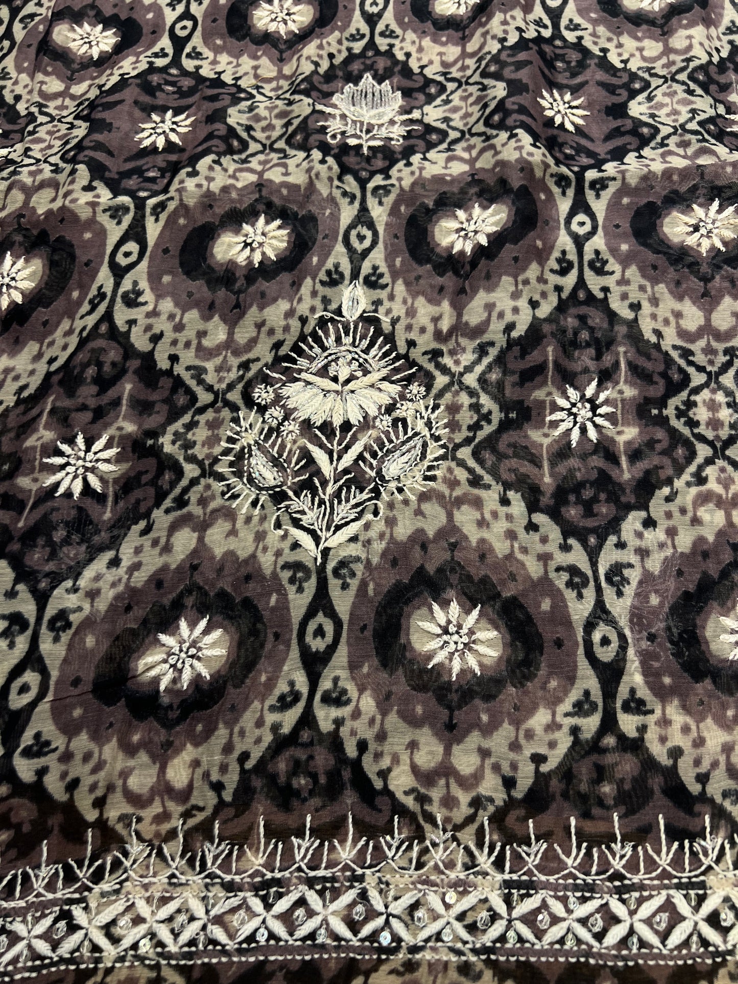 Black Chanderi Mul Chikankari, Printed Kurta and Dupatta Fabric