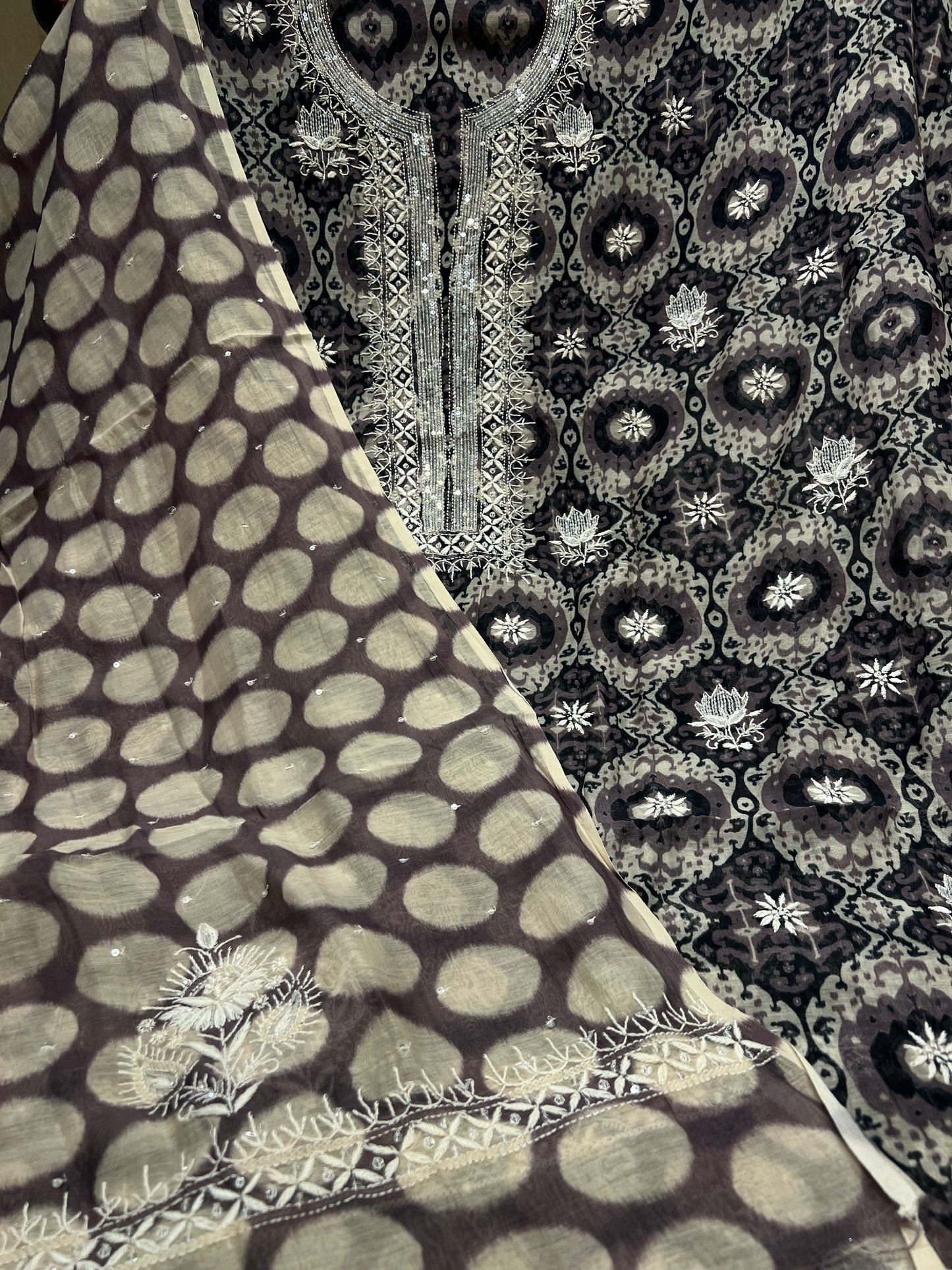 Black Chanderi Mul Chikankari, Printed Kurta and Dupatta Fabric