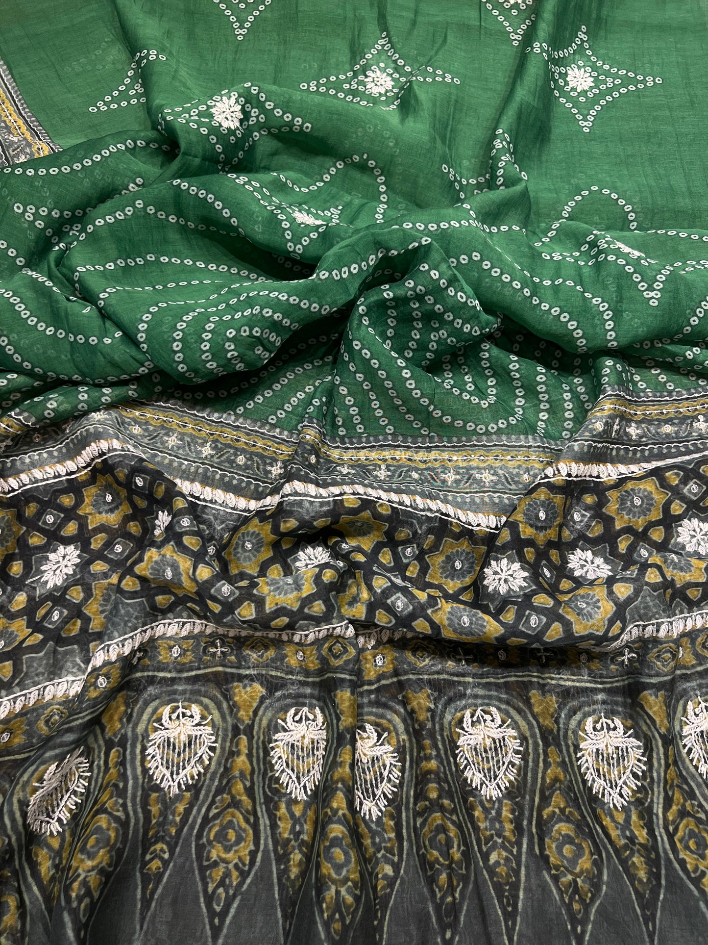 Green Chanderi Mul Chikankari, Printed Kurta and Dupatta Fabric