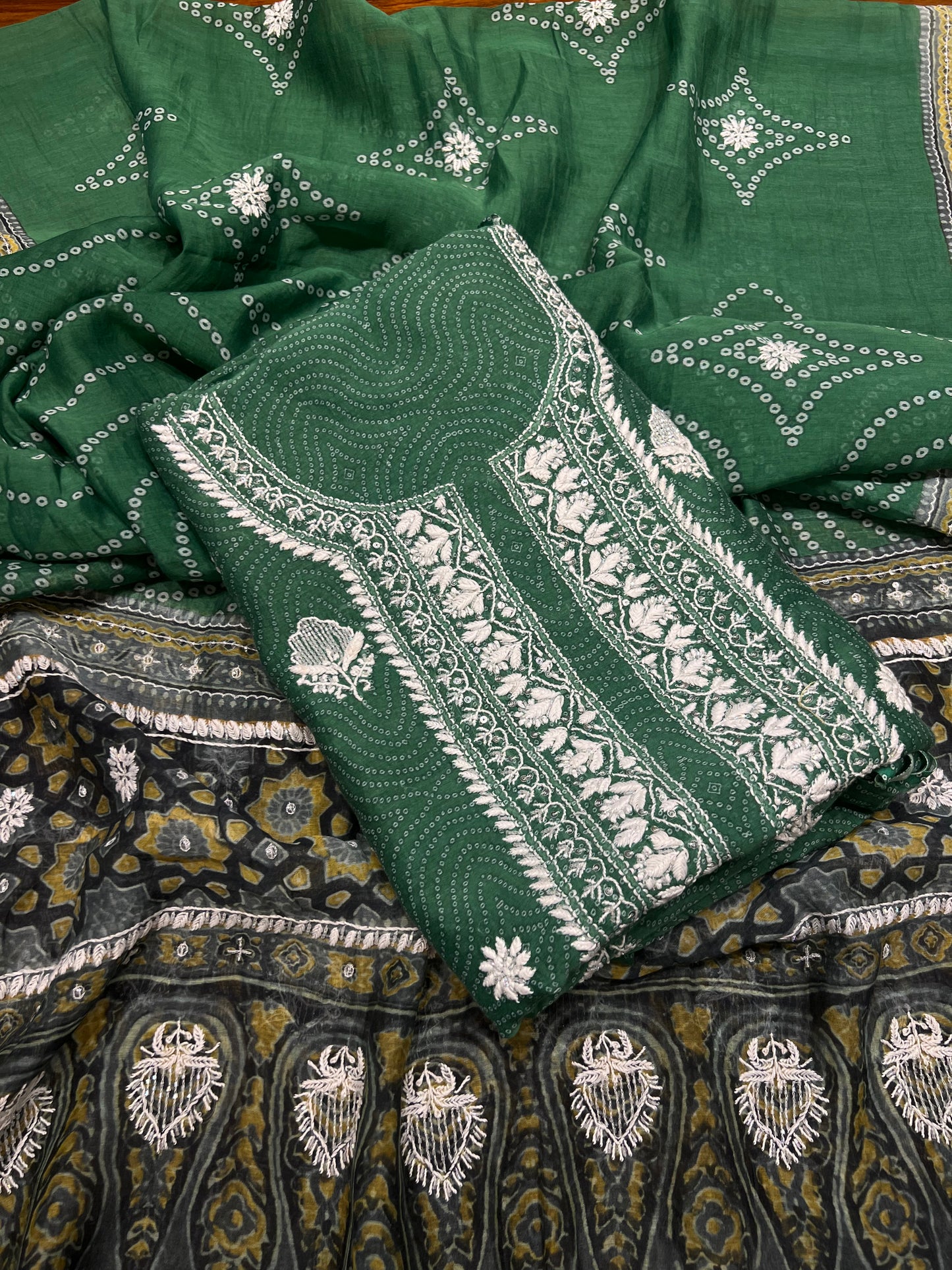 Green Chanderi Mul Chikankari, Printed Kurta and Dupatta Fabric