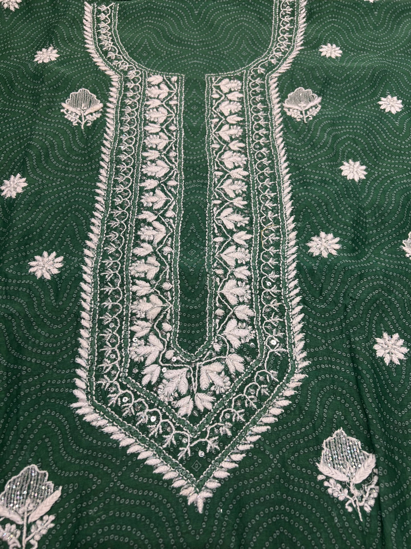 Green Chanderi Mul Chikankari, Printed Kurta and Dupatta Fabric