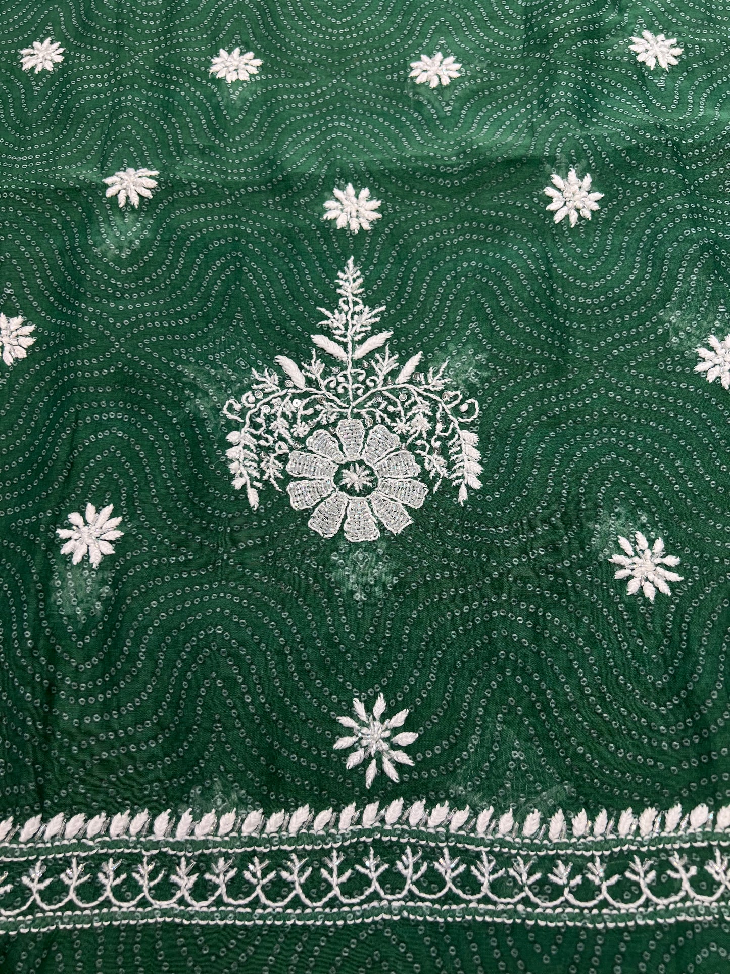 Green Chanderi Mul Chikankari, Printed Kurta and Dupatta Fabric