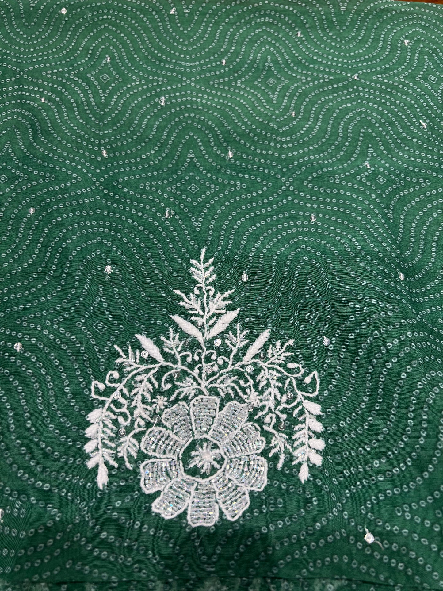 Green Chanderi Mul Chikankari, Printed Kurta and Dupatta Fabric