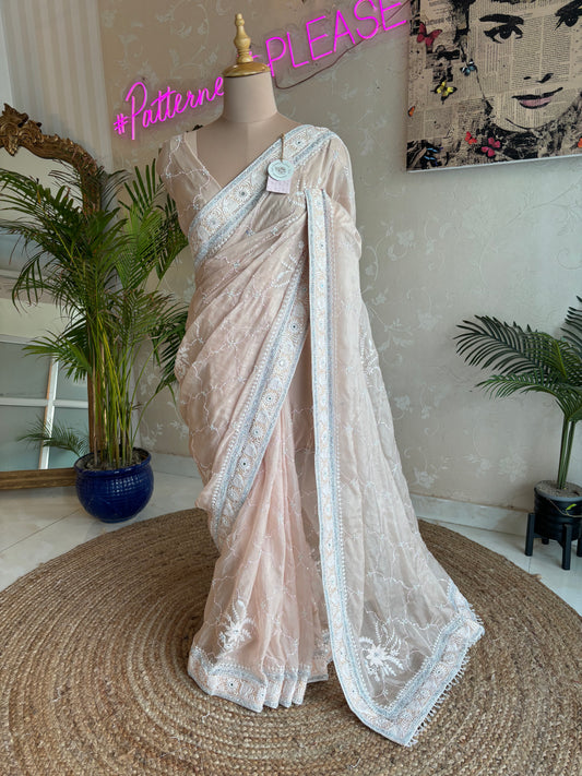 Peach Organza Silk Chikankari Saree and Blouse