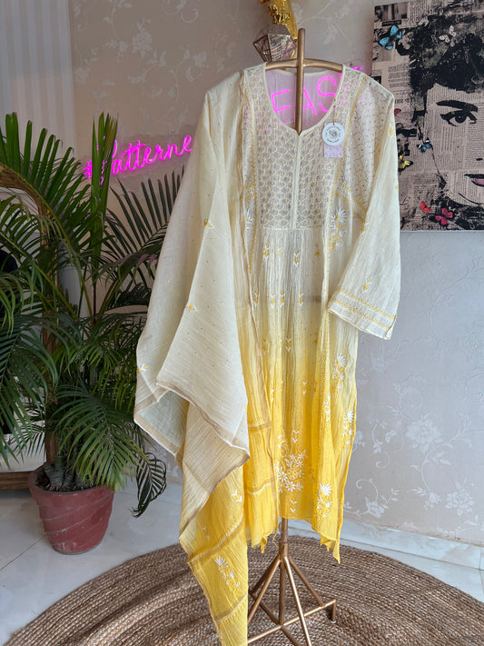 Yellow Ombre Chanderi Mul Chikankari Tunic Set