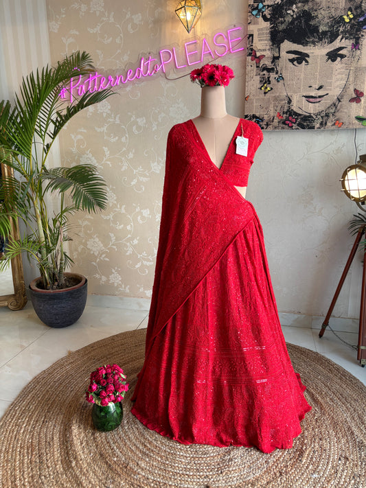 Red Pure Georgette Chikankari Lehenga