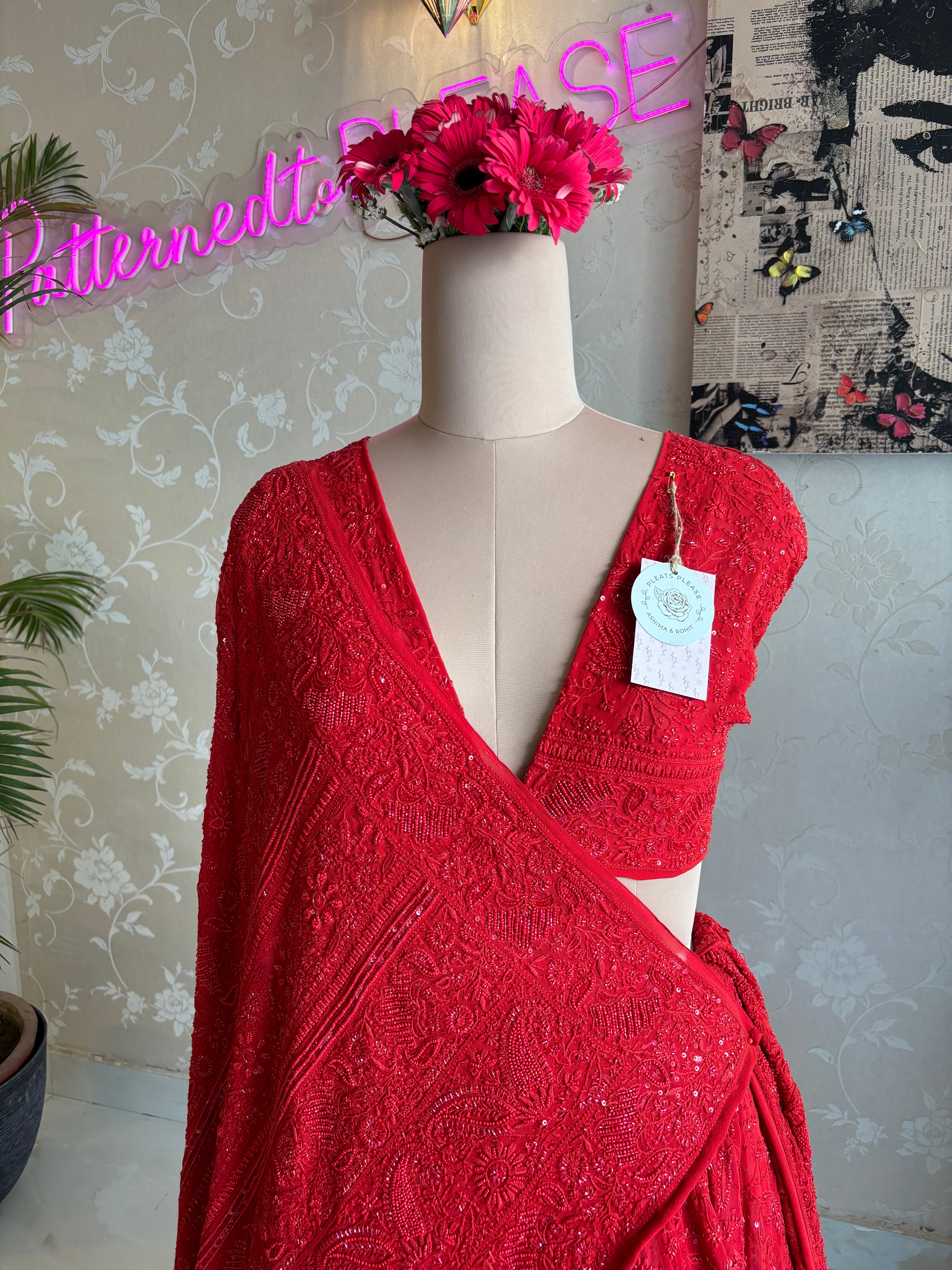 Red Pure Georgette Chikankari Lehenga