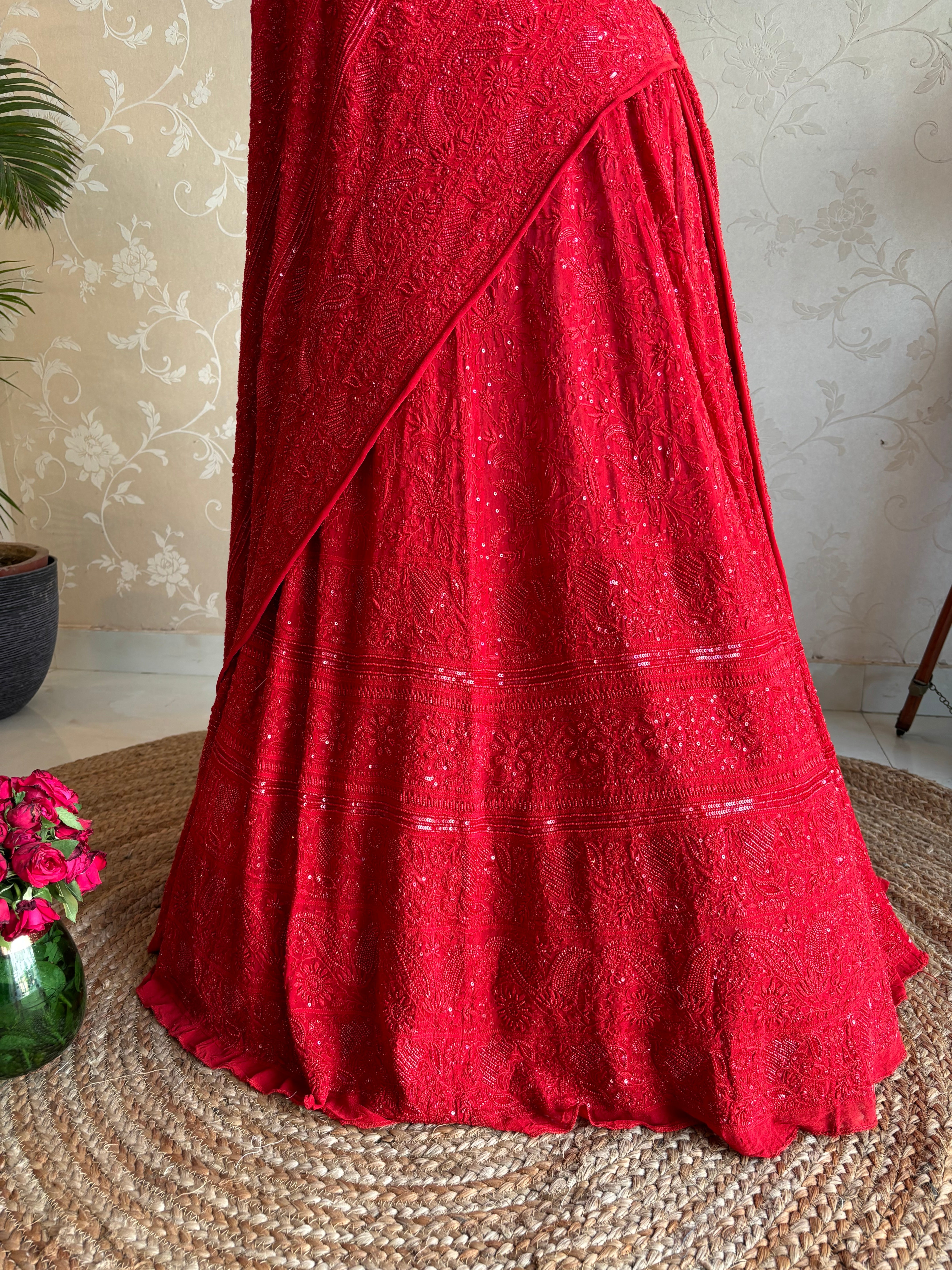Red Pure Georgette Chikankari Lehenga