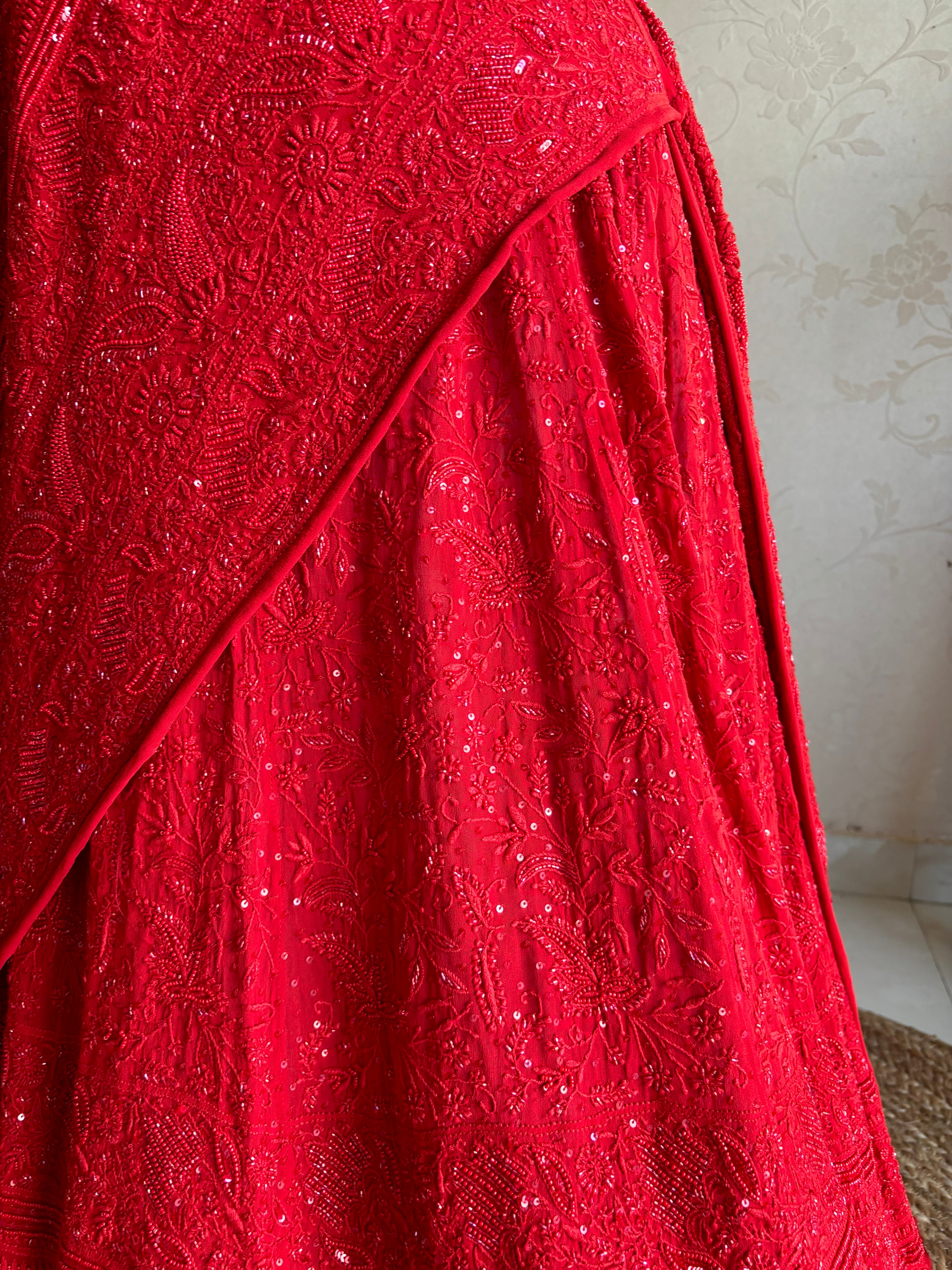 Red Pure Georgette Chikankari Lehenga