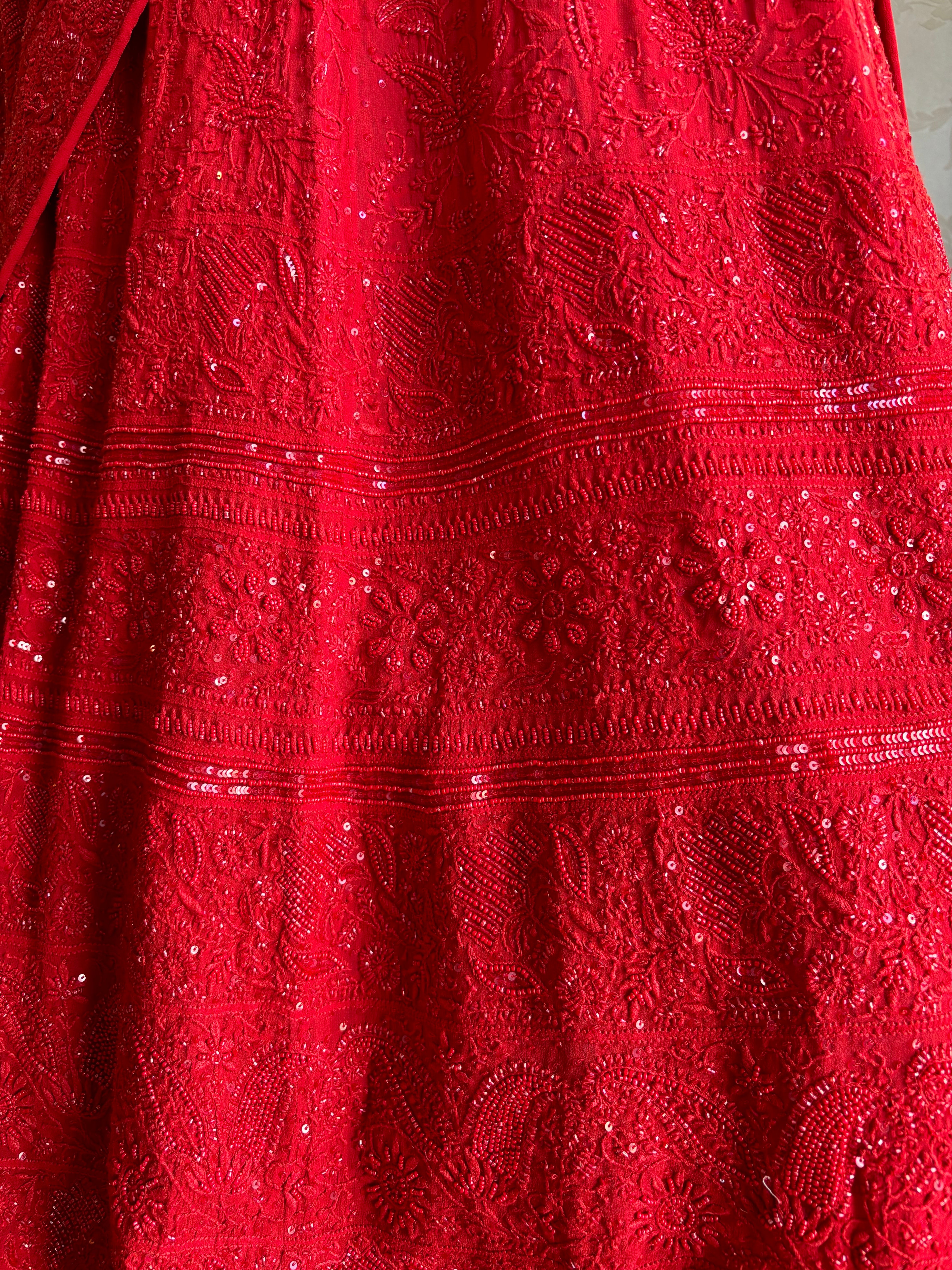 Red Pure Georgette Chikankari Lehenga