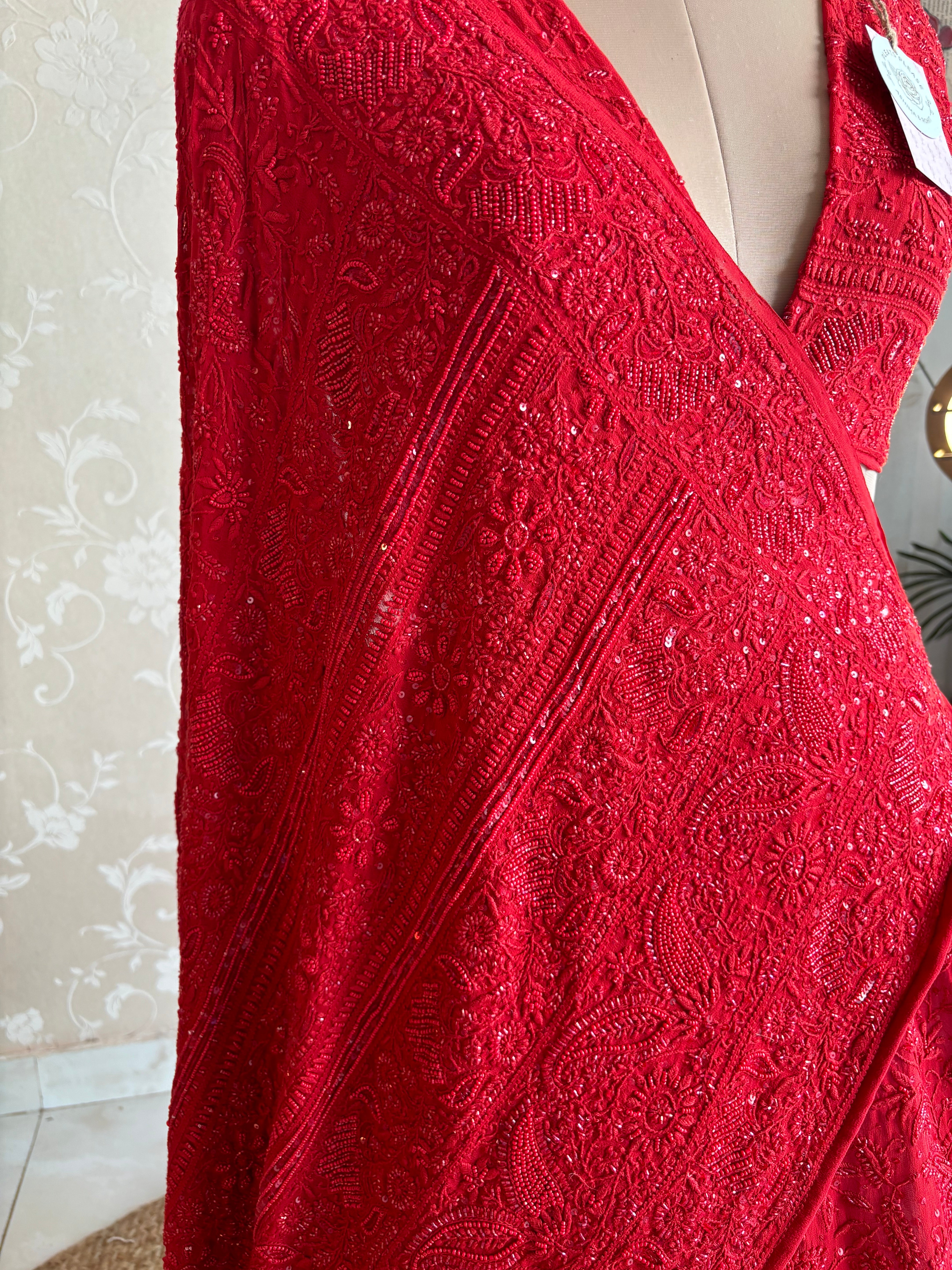 Red Pure Georgette Chikankari Lehenga