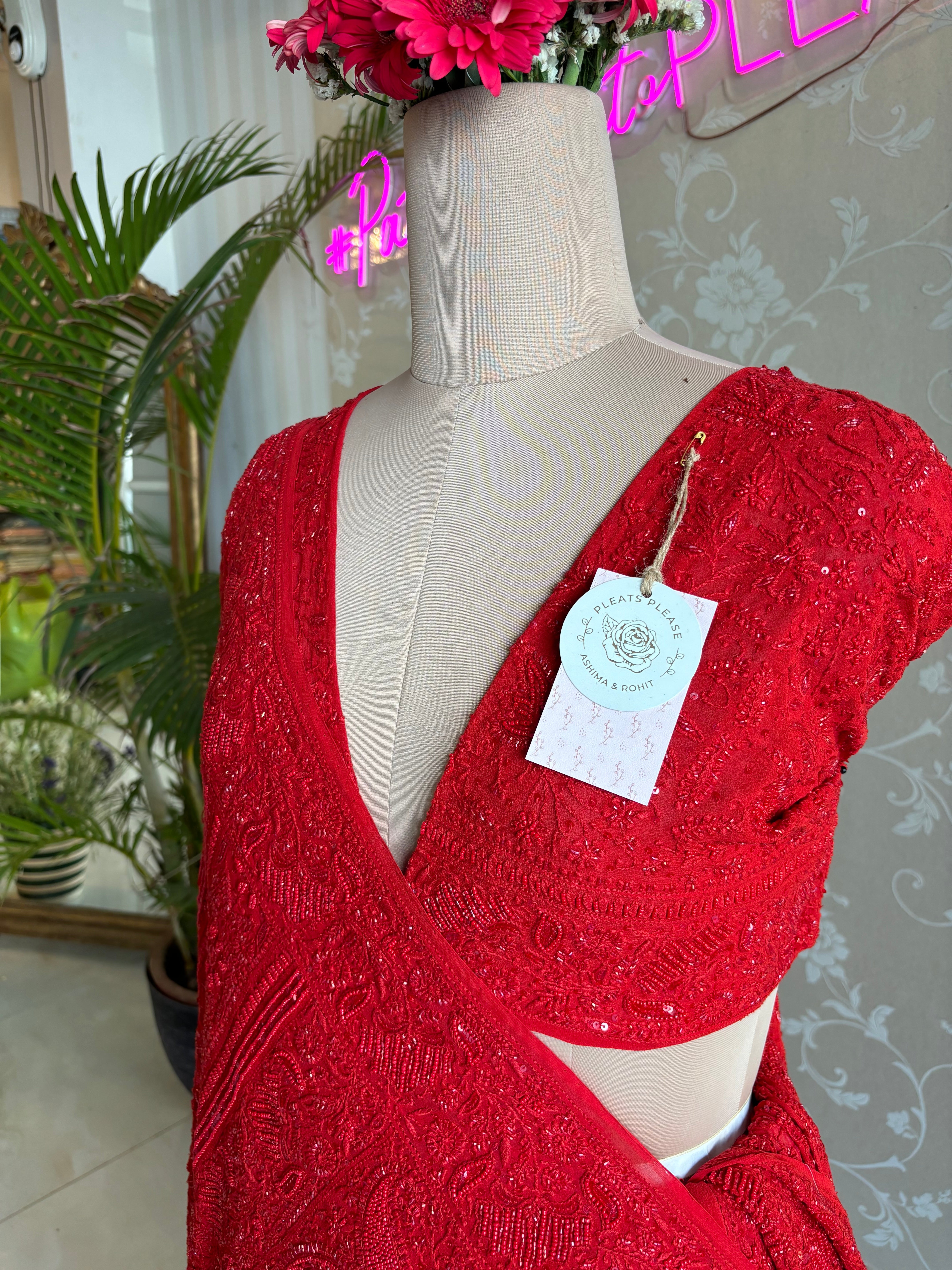 Red Pure Georgette Chikankari Lehenga