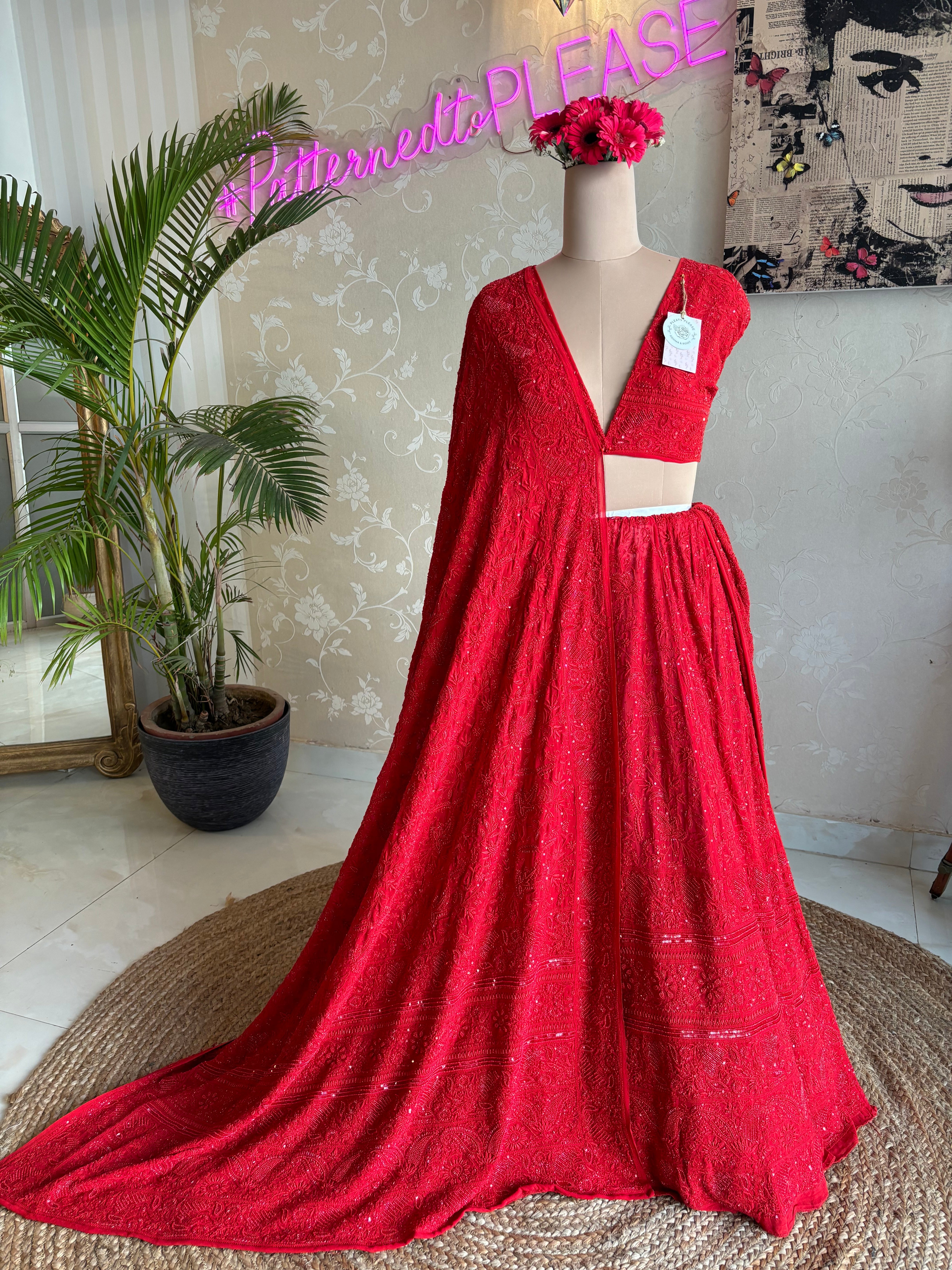 Red Pure Georgette Chikankari Lehenga
