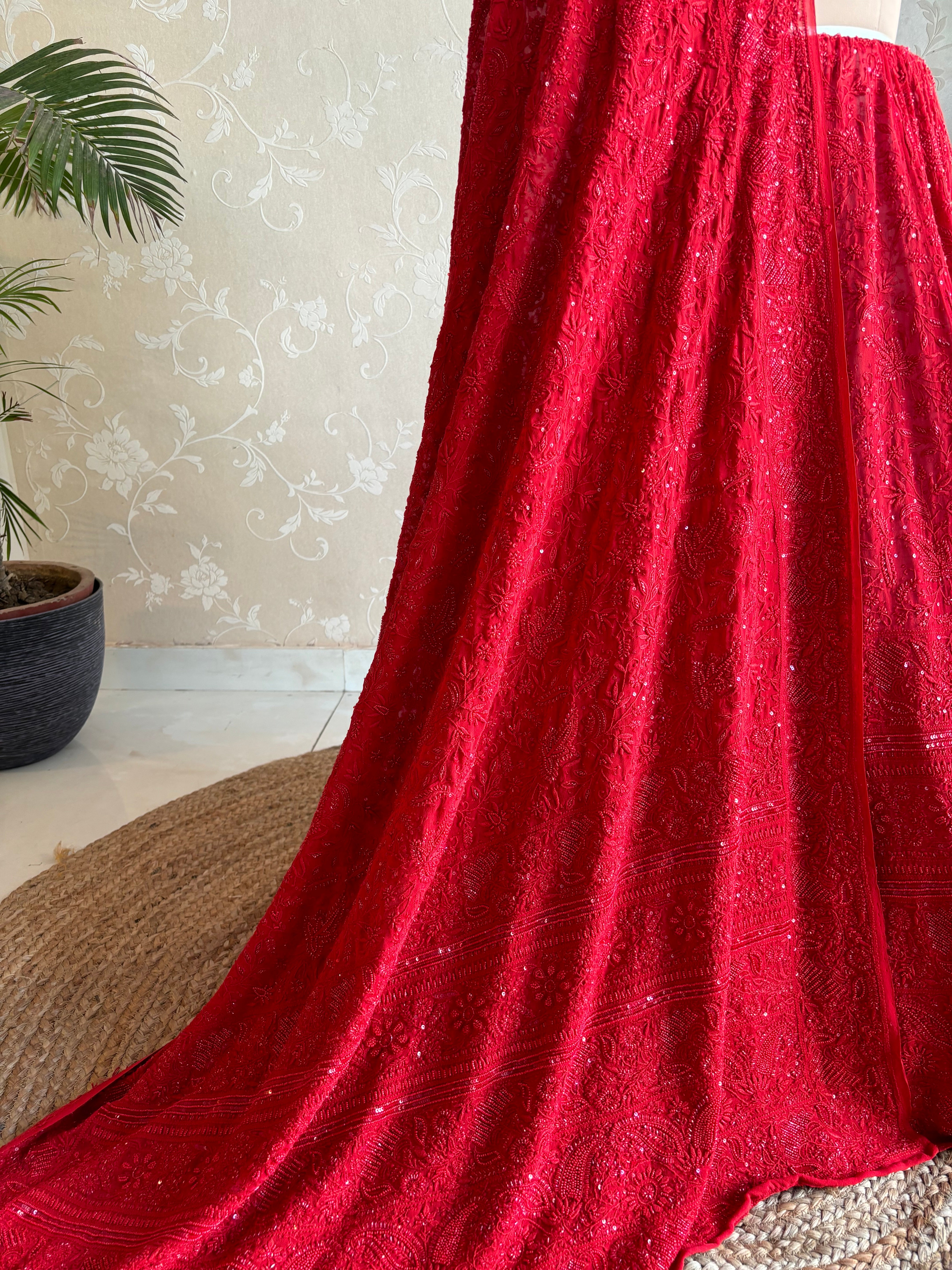 Red Pure Georgette Chikankari Lehenga