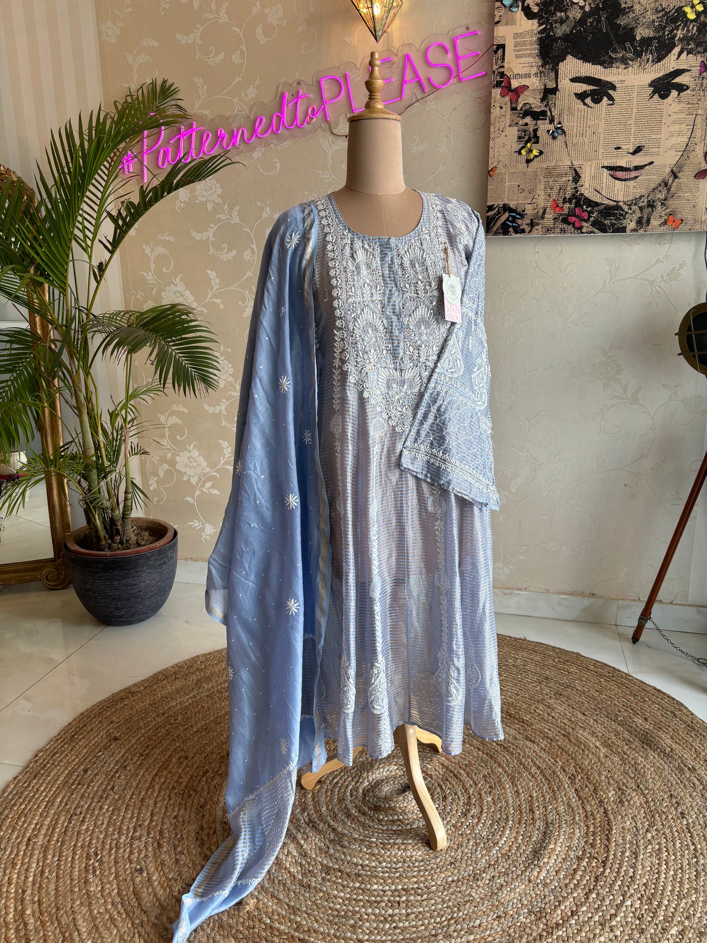 Blue Chanderi Banarsi Chikankari Anarkali Kurta and Dupatta