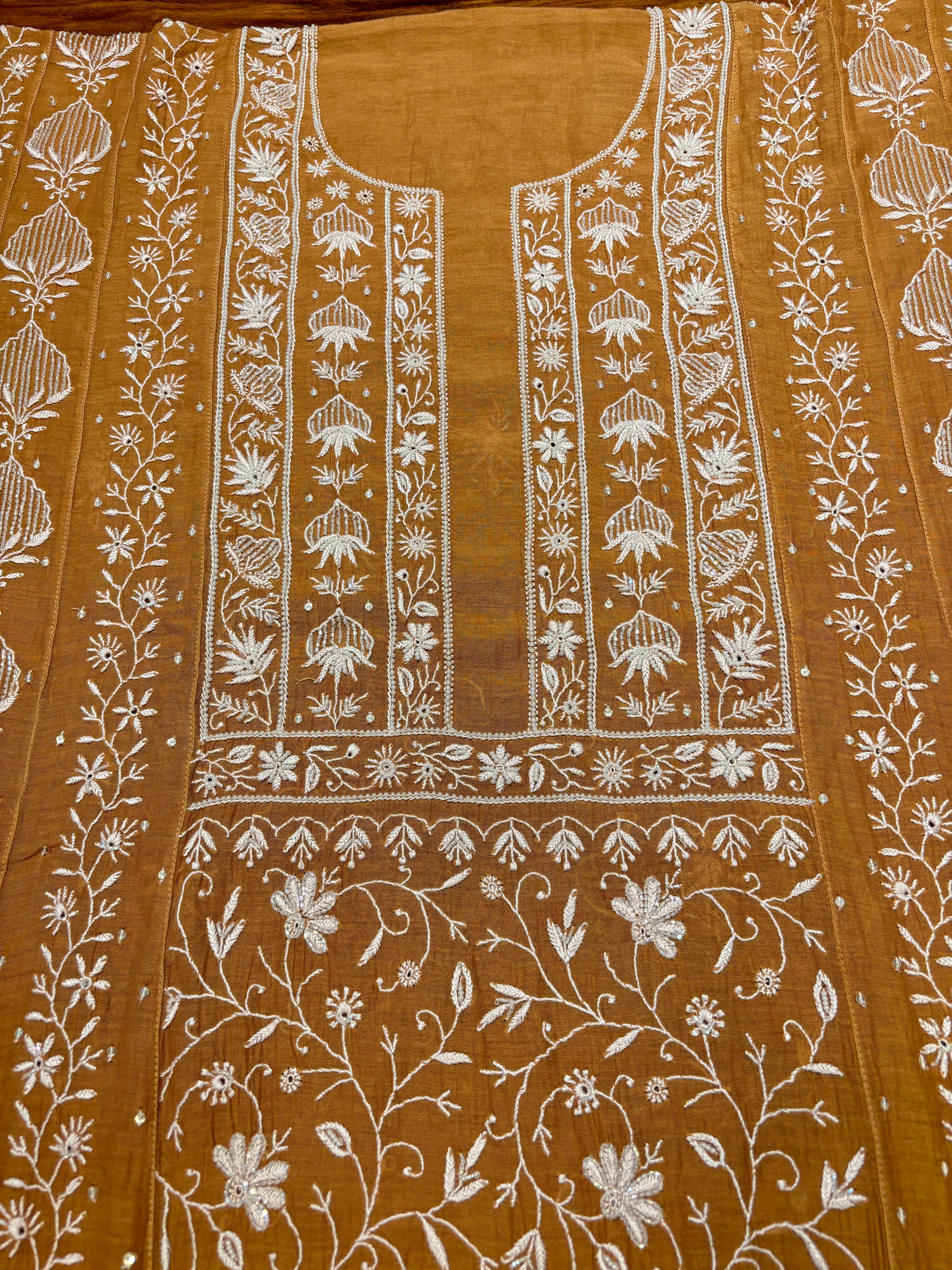 Mustard Chanderi Mul Chikankari Anarkali and Dupatta