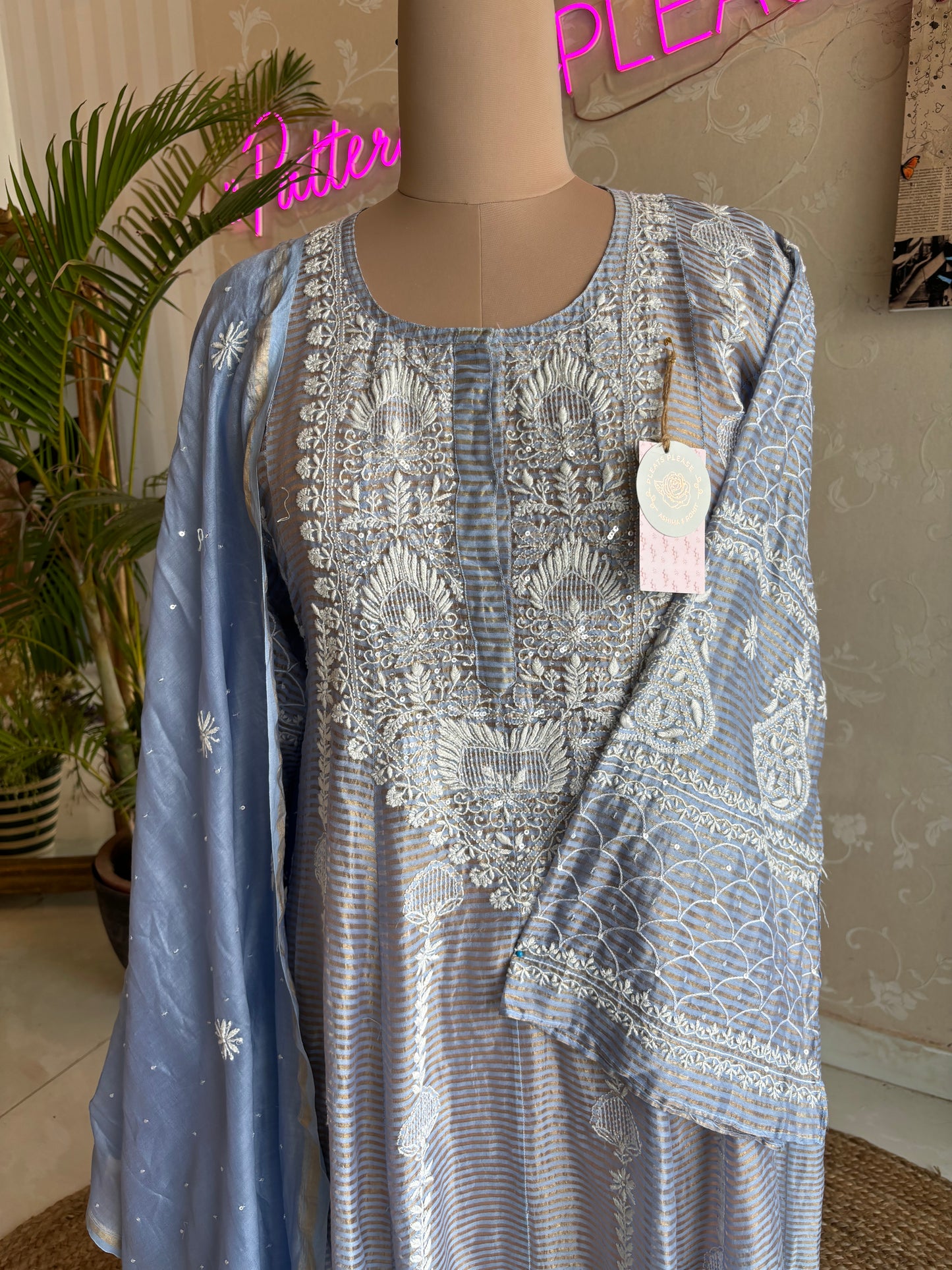 Blue Chanderi Banarsi Chikankari Anarkali Kurta and Dupatta