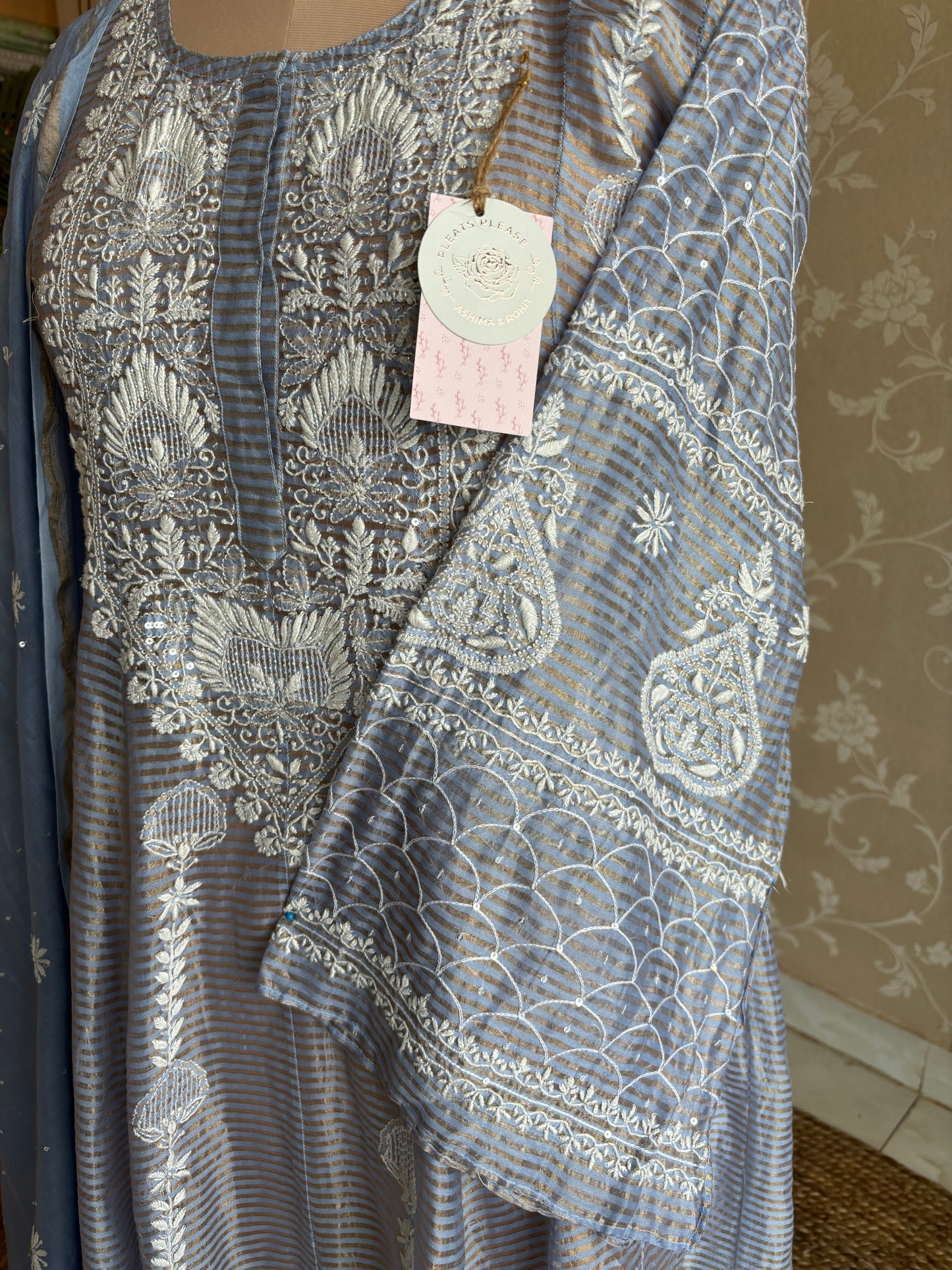 Blue Chanderi Banarsi Chikankari Anarkali Kurta and Dupatta