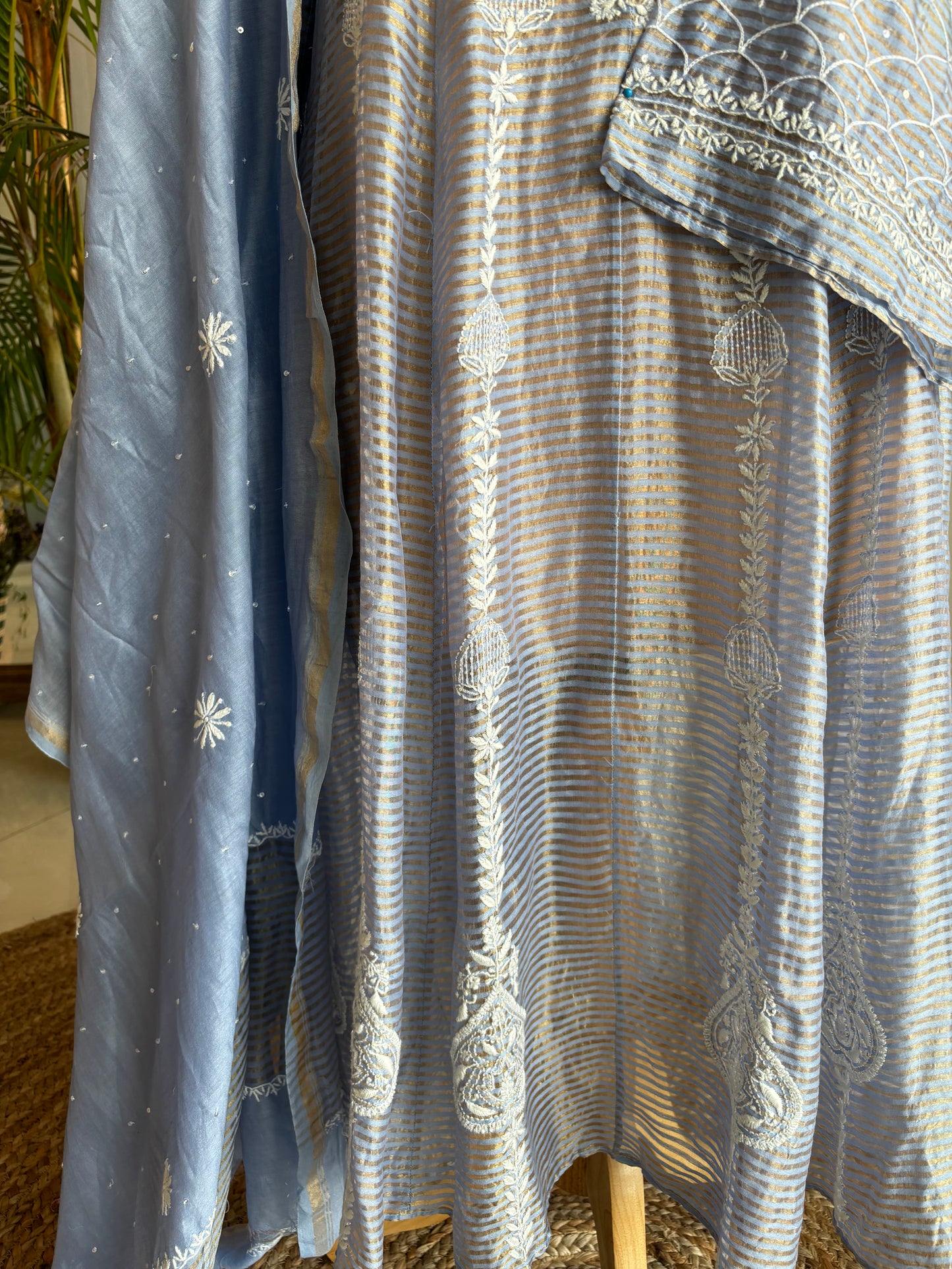 Blue Chanderi Banarsi Chikankari Anarkali Kurta and Dupatta