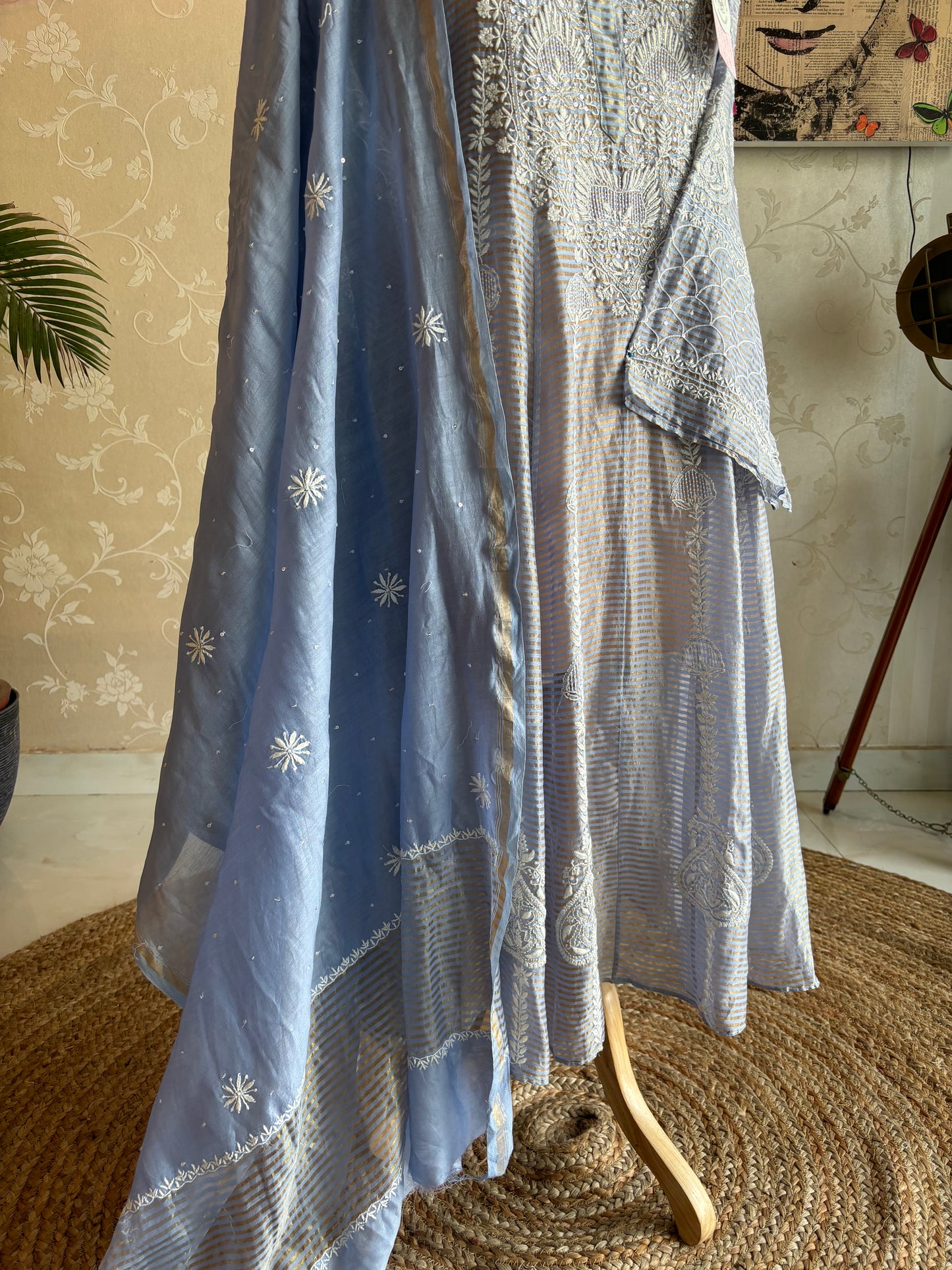 Blue Chanderi Banarsi Chikankari Anarkali Kurta and Dupatta