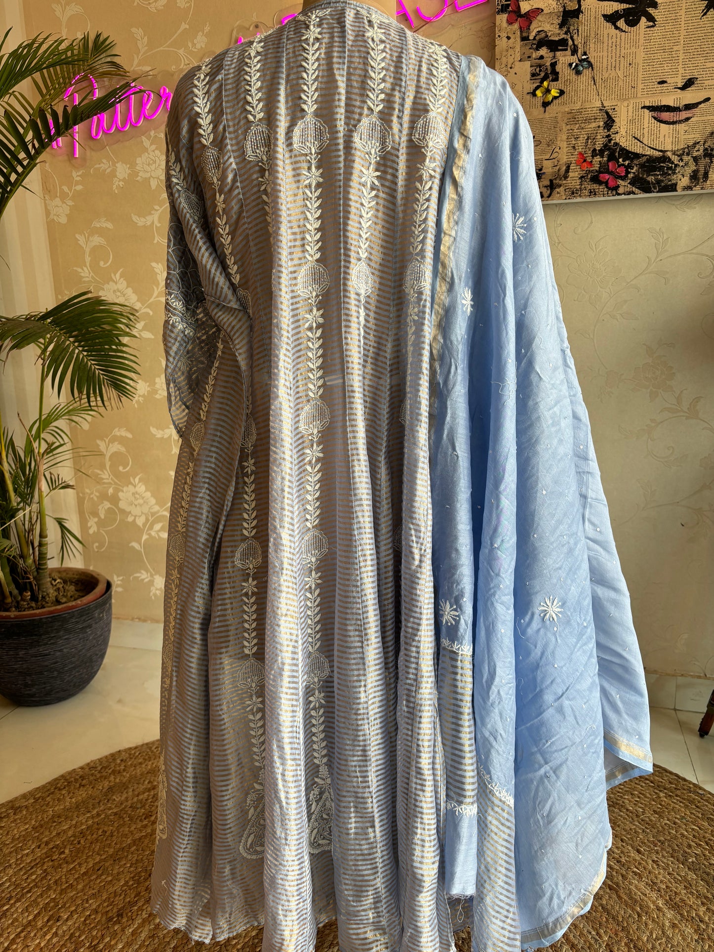 Blue Chanderi Banarsi Chikankari Anarkali Kurta and Dupatta