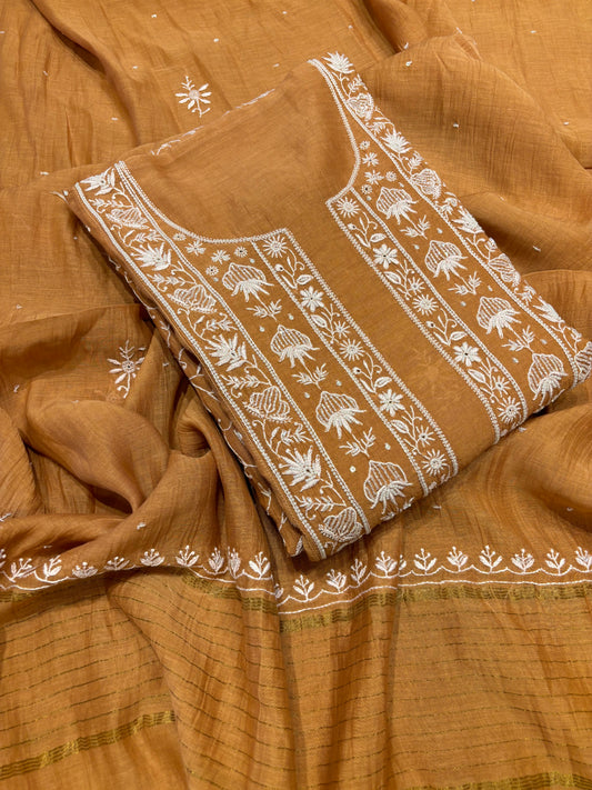 Mustard Chanderi Mul Chikankari Anarkali and Dupatta