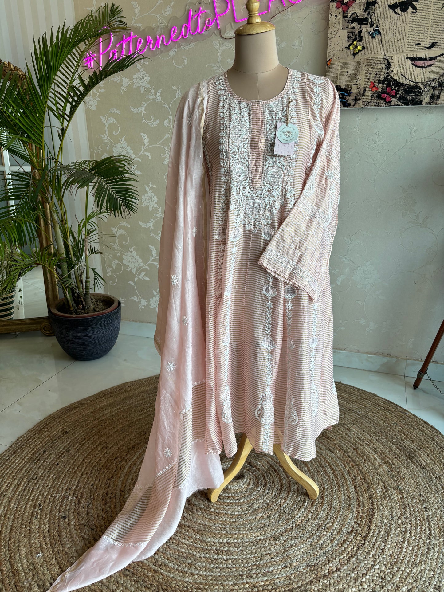 Peach Chanderi Banarsi Chikankari Anarkali Kurta and Dupatta