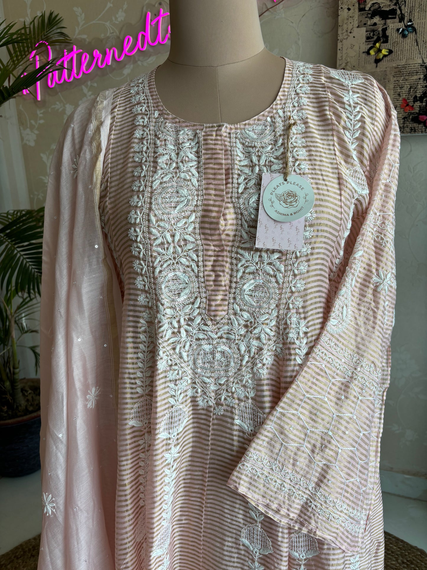 Peach Chanderi Banarsi Chikankari Anarkali Kurta and Dupatta