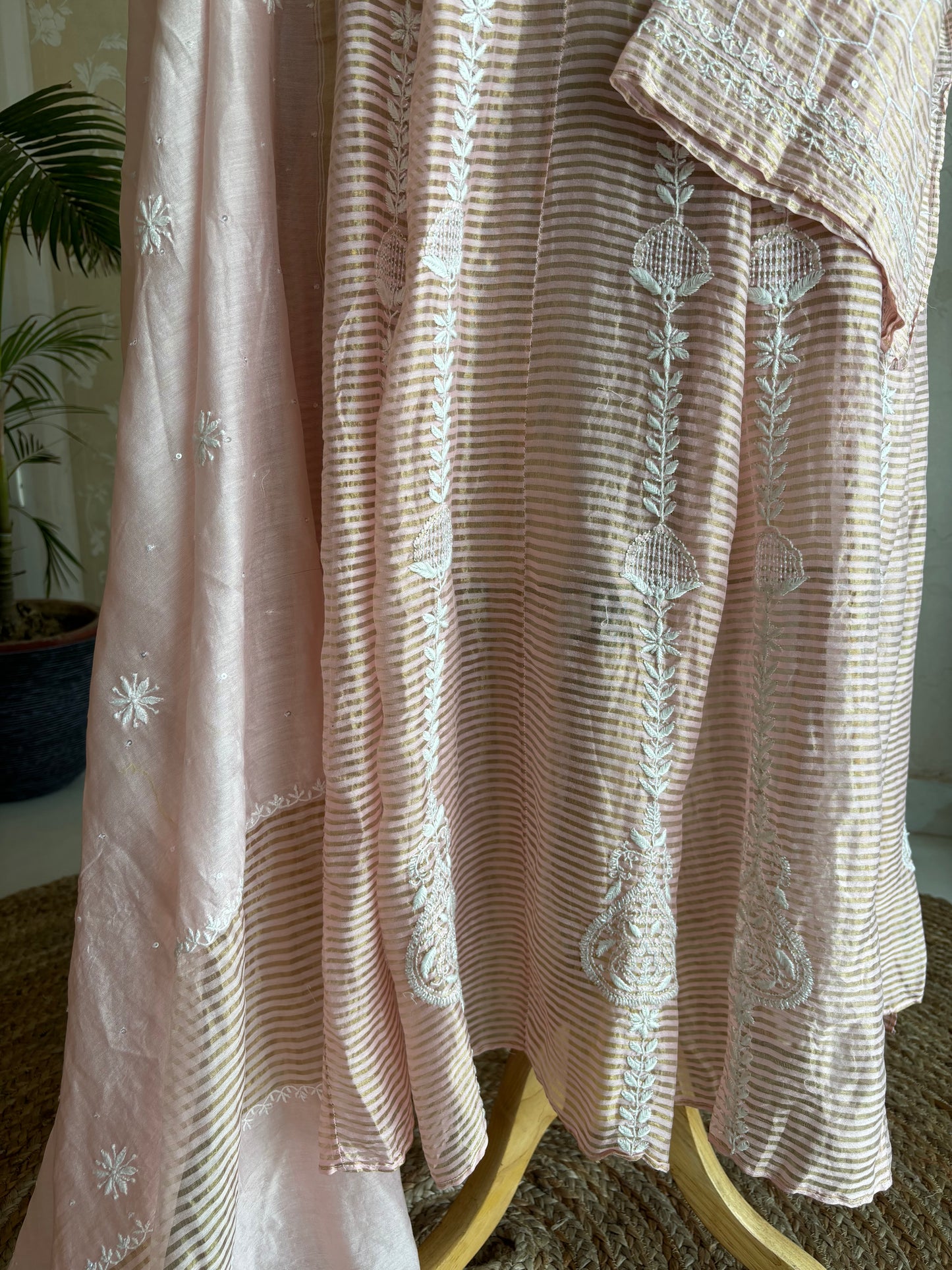 Peach Chanderi Banarsi Chikankari Anarkali Kurta and Dupatta