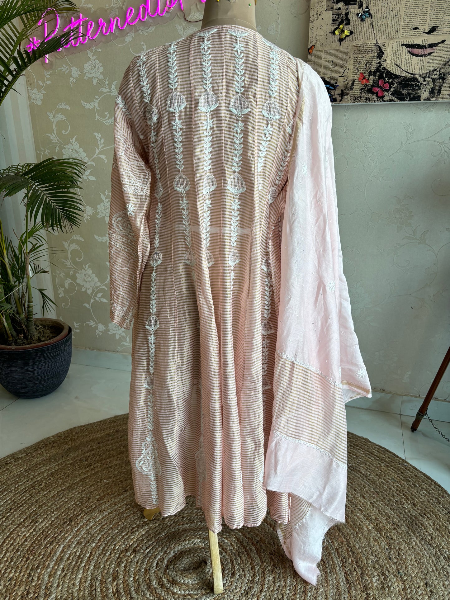 Peach Chanderi Banarsi Chikankari Anarkali Kurta and Dupatta