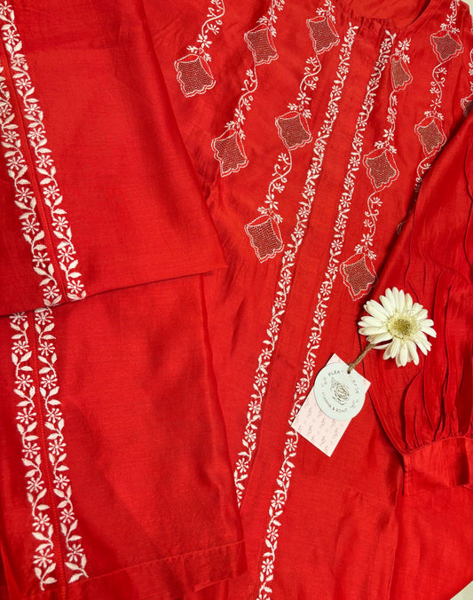 Red Chanderi Silk Chikankari Co-Ord Set