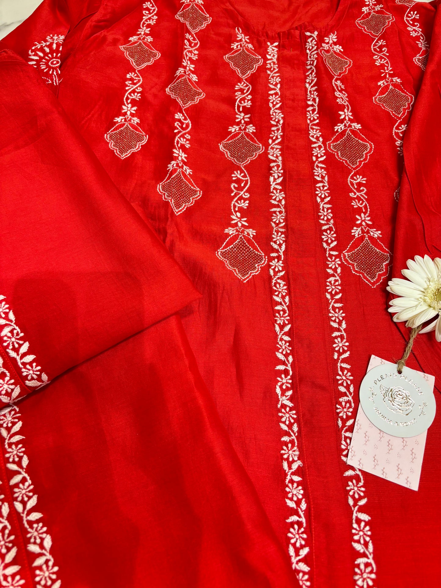 Red Chanderi Silk Chikankari Co-Ord Set