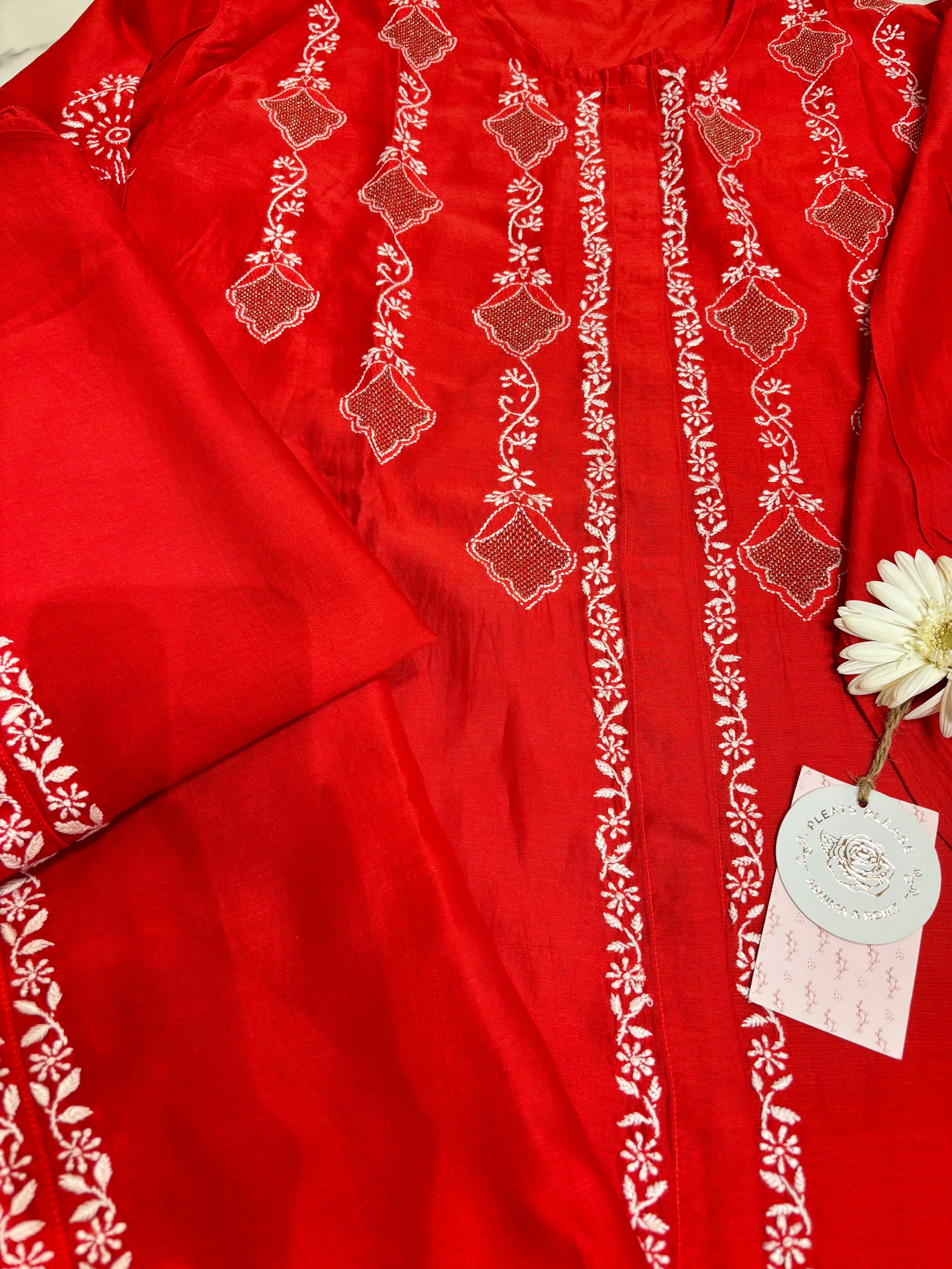 Red Chanderi Silk Chikankari Co-Ord Set