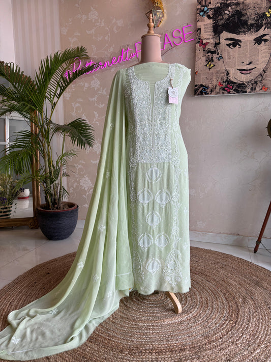 Mint Green Pure Georgette Chikankari Kurta and Dupatta Fabric