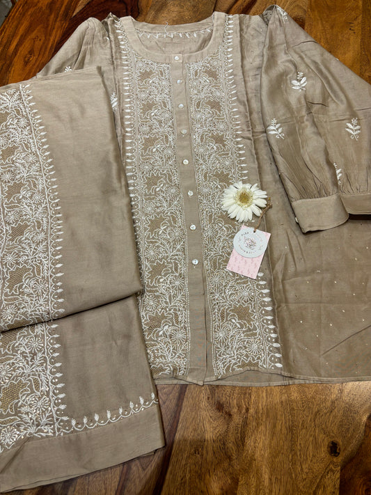 Hazelnut Chanderi Silk Chikankari Co-Ord Set,