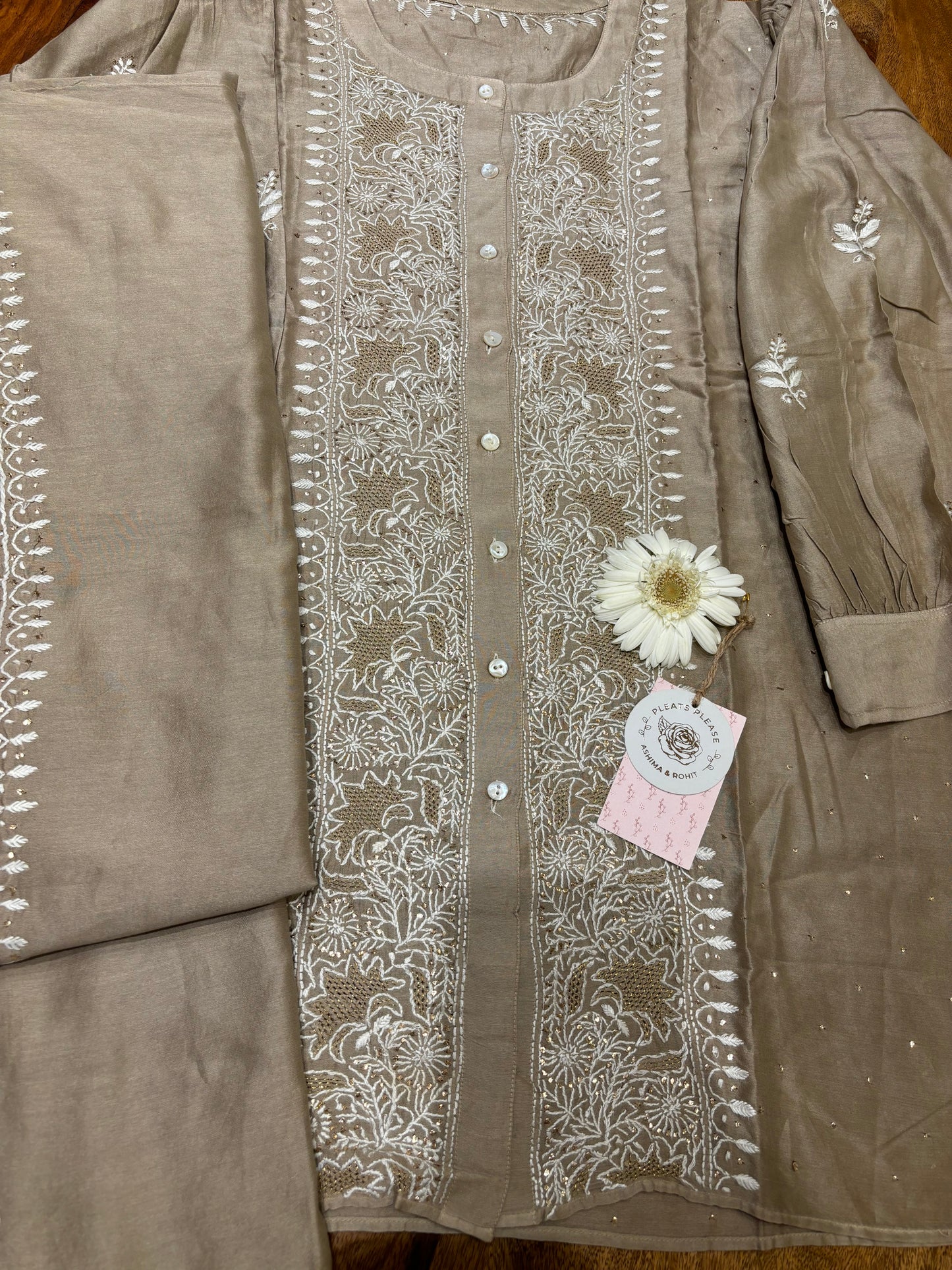 Hazelnut Chanderi Silk Chikankari Co-Ord Set,