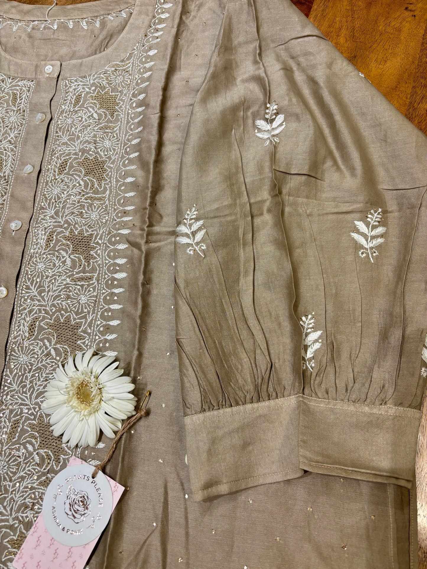 Hazelnut Chanderi Silk Chikankari Co-Ord Set,