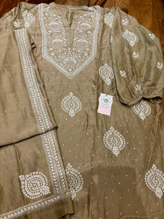 Hazelnut Chanderi Silk Chikankari Co-Ord Set